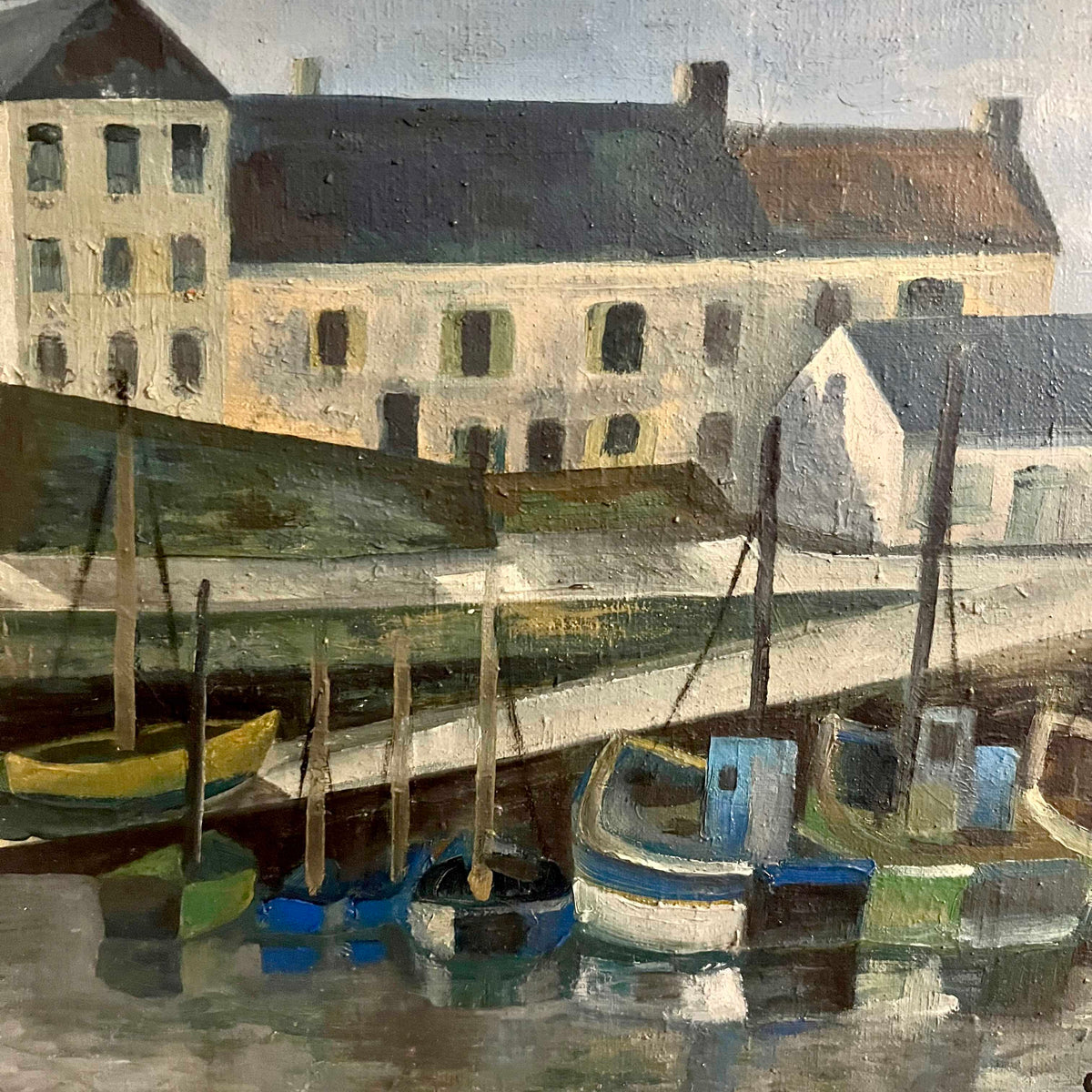 Pair of 1957 Coastal Port Paintings by C. Barbier, French