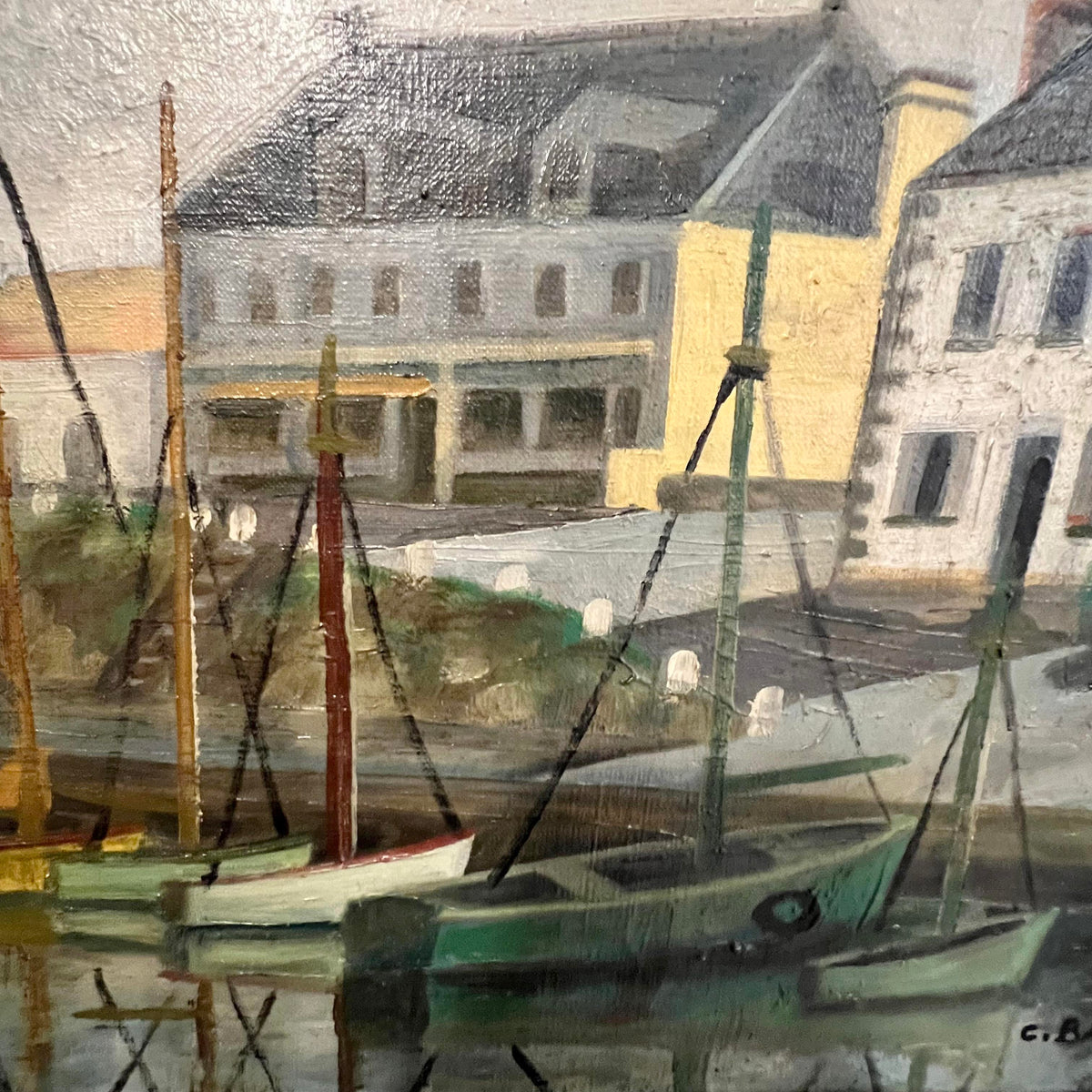 Pair of 1957 Coastal Port Paintings by C. Barbier, French