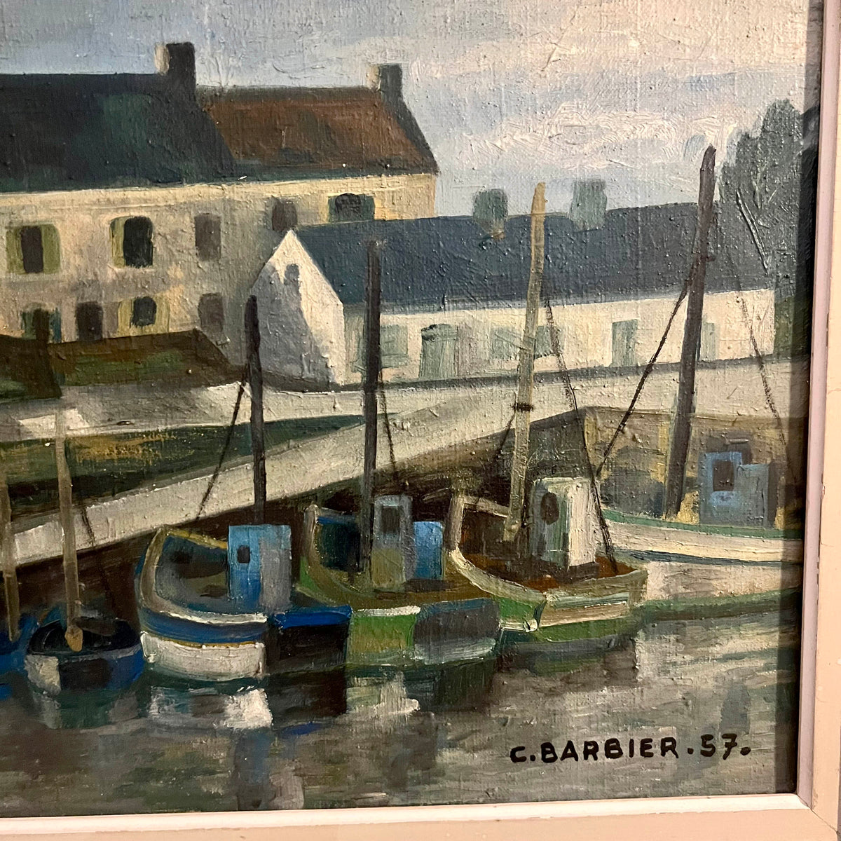 Pair of 1957 Coastal Port Paintings by C. Barbier, French