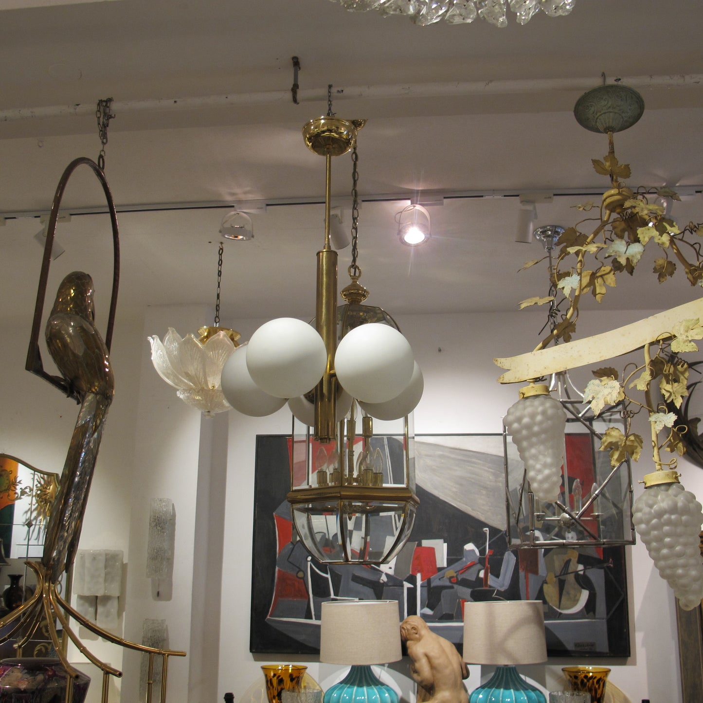 1950s Swedish Brass Ceiling Light with Five Opal Glass Globes
