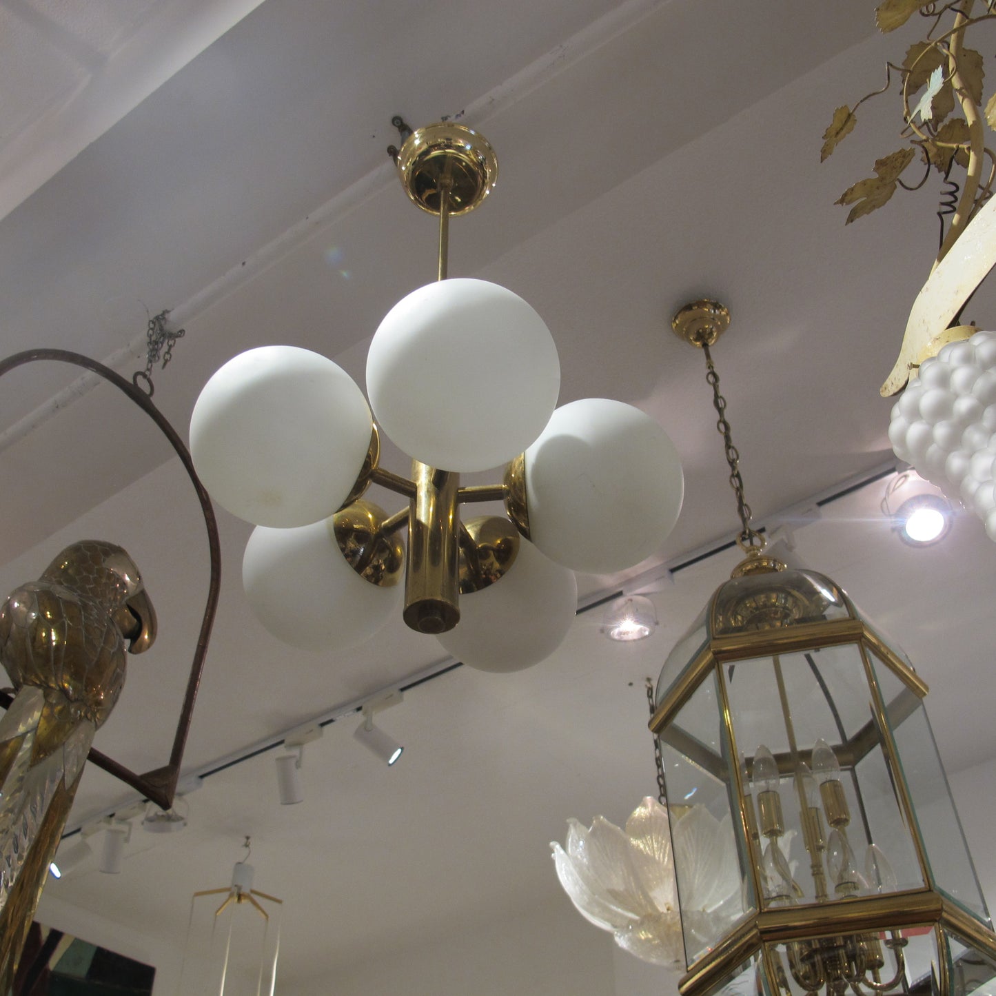 1950s Swedish Brass Ceiling Light with Five Opal Glass Globes