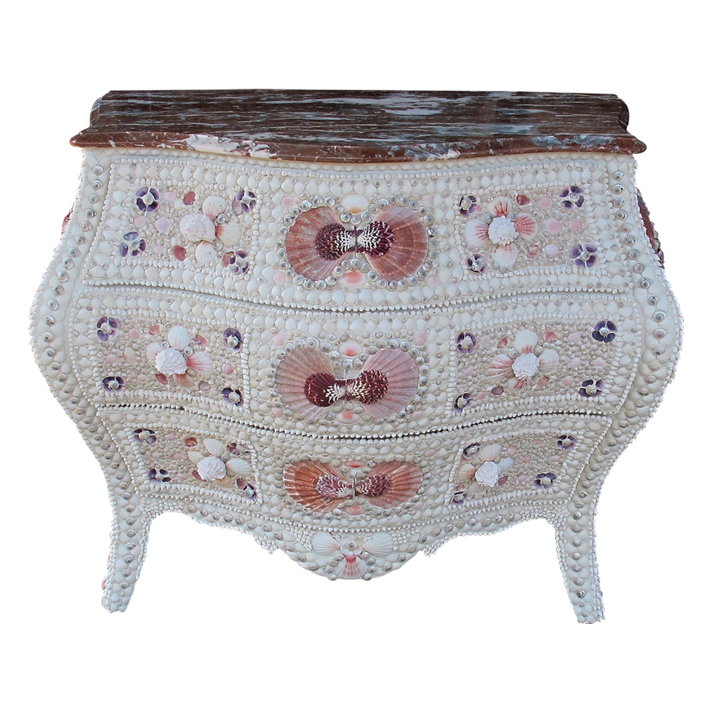 Pair of 1920s Swedish Bombe Chests with Marble Tops and Seashell Embellishment