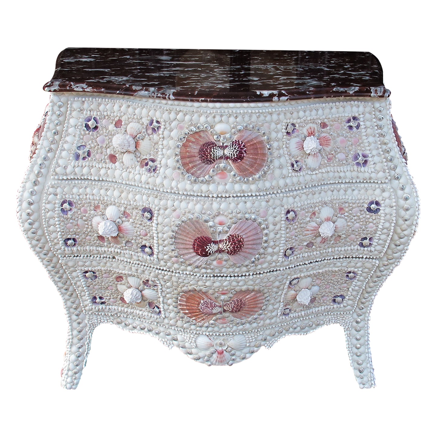 Pair of 1920s Swedish Bombe Chests with Marble Tops and Seashell Embellishment