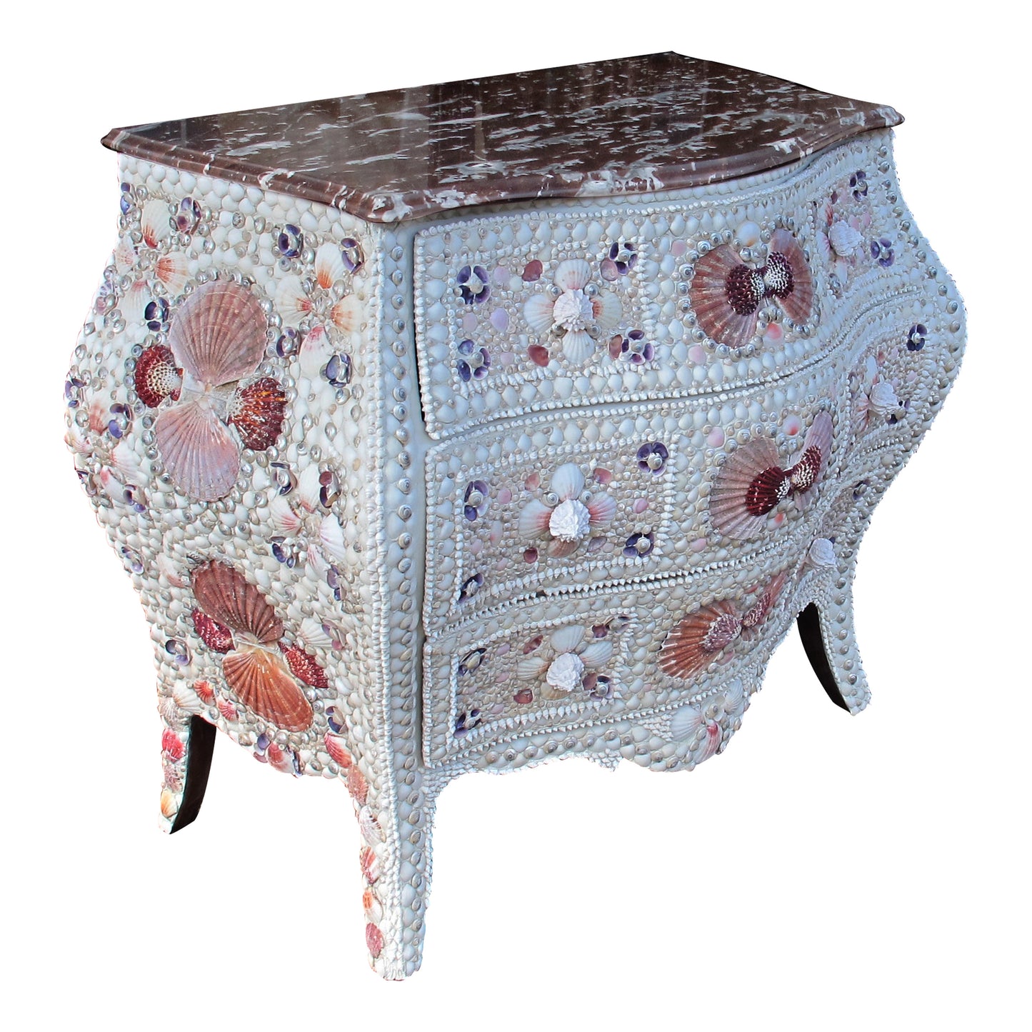 Pair of 1920s Swedish Bombe Chests with Marble Tops and Seashell Embellishment