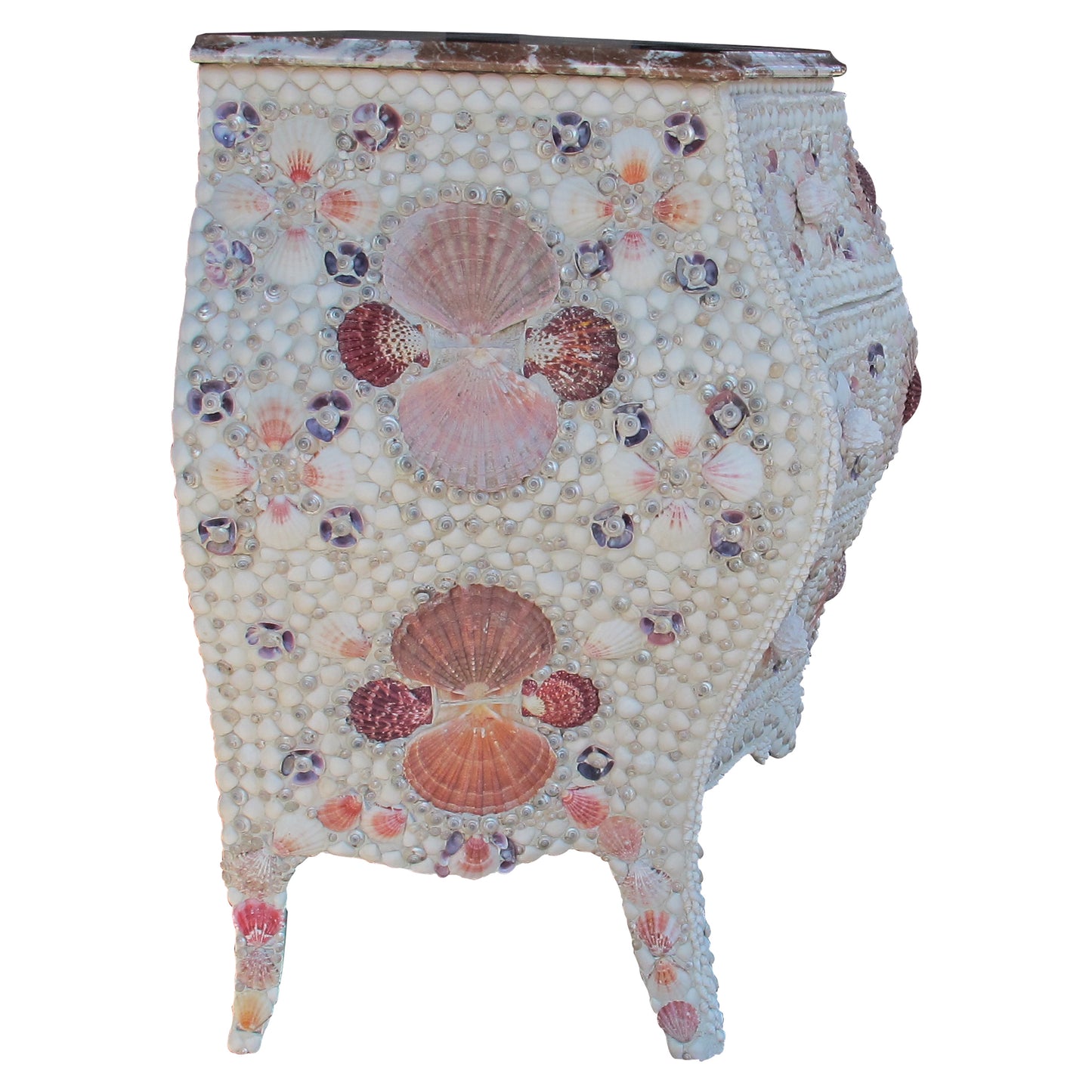 Pair of 1920s Swedish Bombe Chests with Marble Tops and Seashell Embellishment