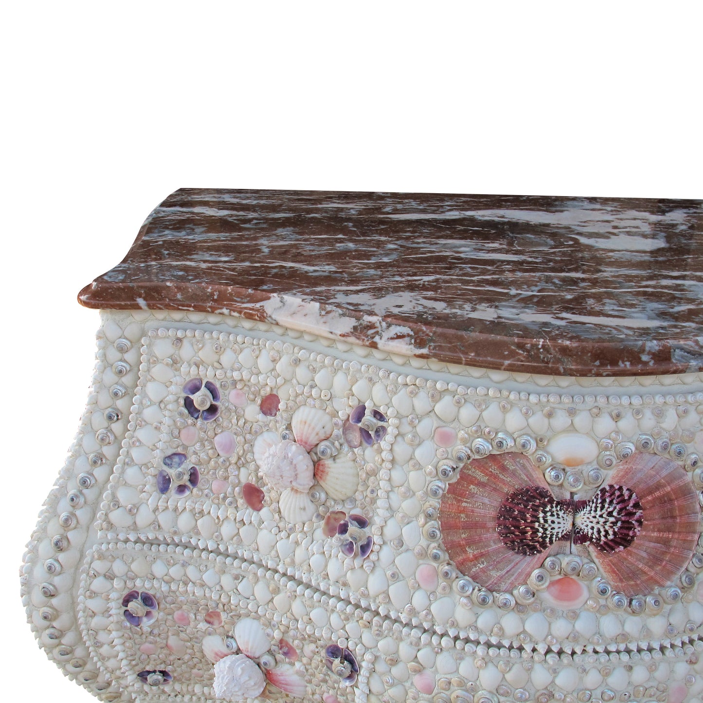 Pair of 1920s Swedish Bombe Chests with Marble Tops and Seashell Embellishment