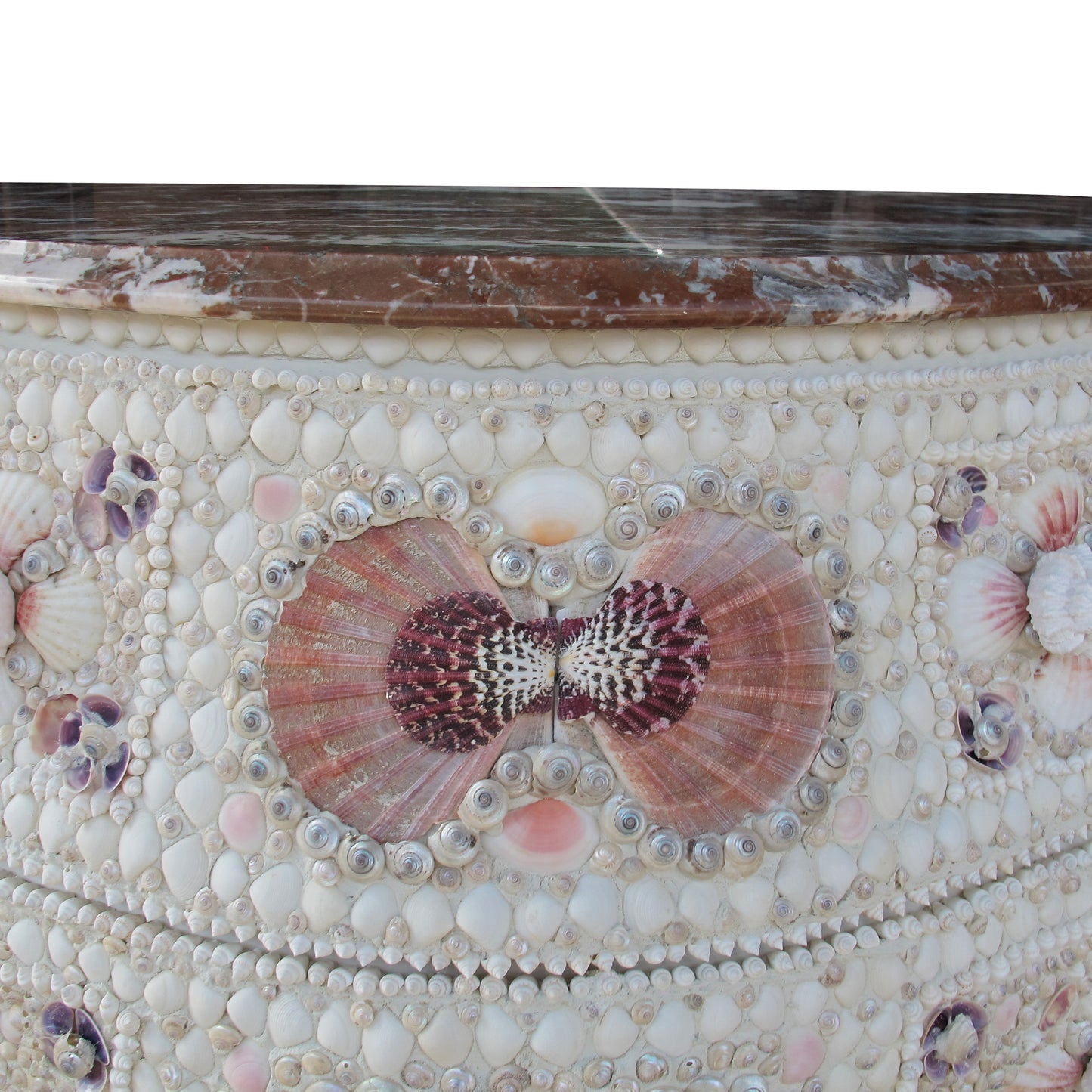 Pair of 1920s Swedish Bombe Chests with Marble Tops and Seashell Embellishment