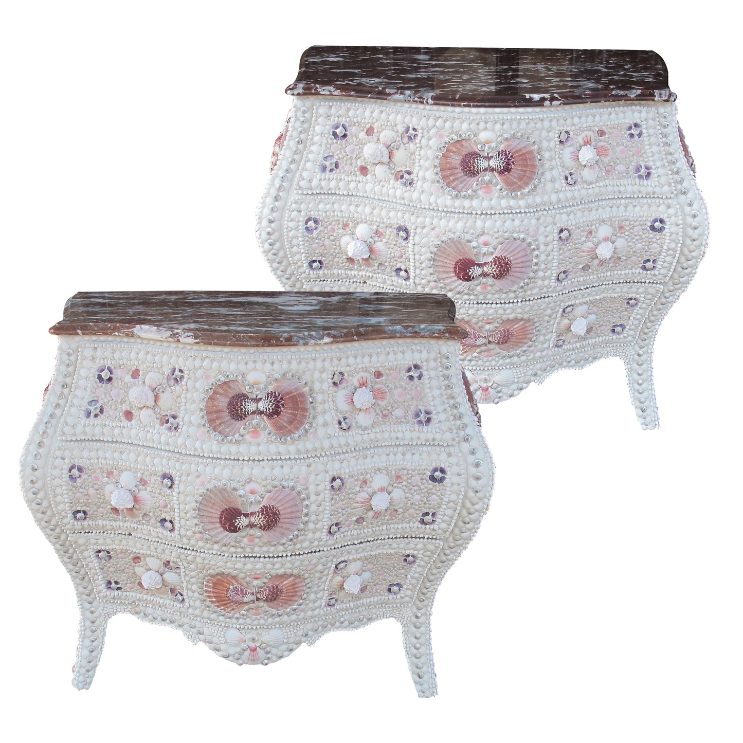 Pair of 1920s Swedish Bombe Chests with Marble Tops and Seashell Embellishment