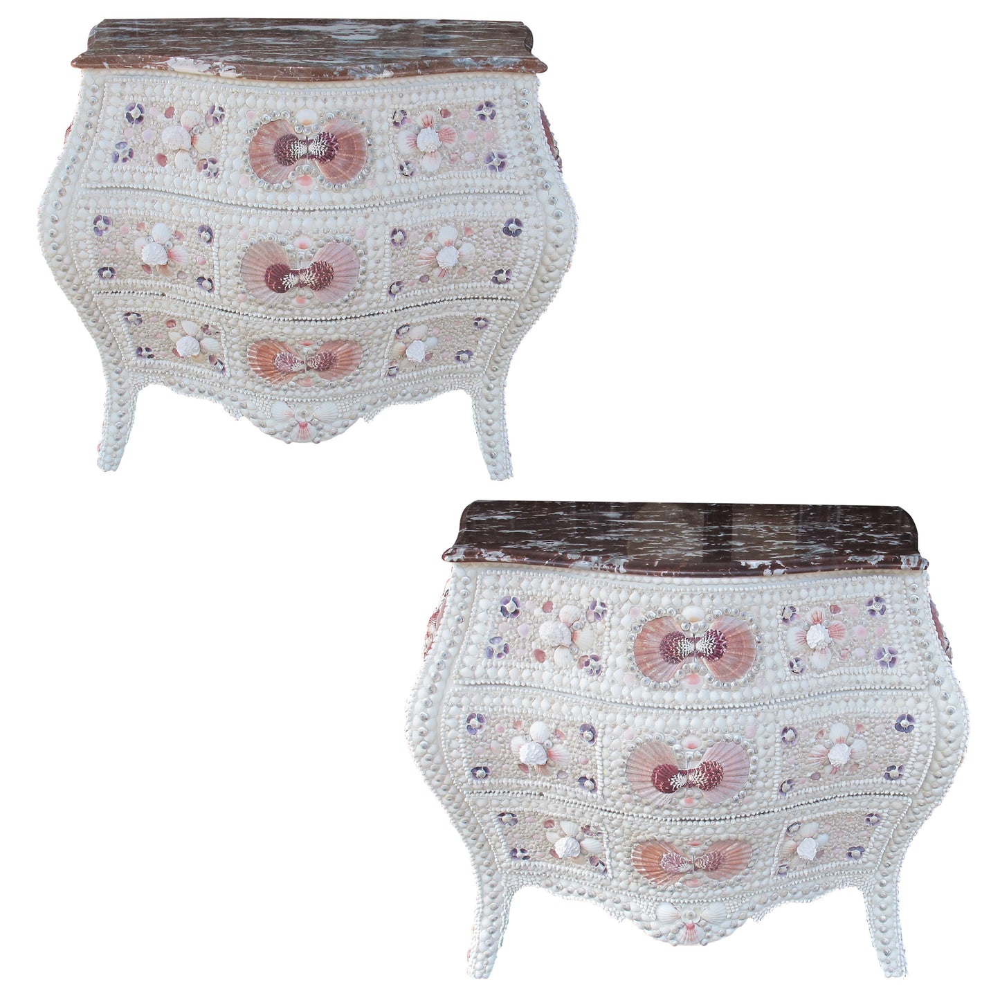 Pair of 1920s Swedish Bombe Chests with Marble Tops and Seashell Embellishment