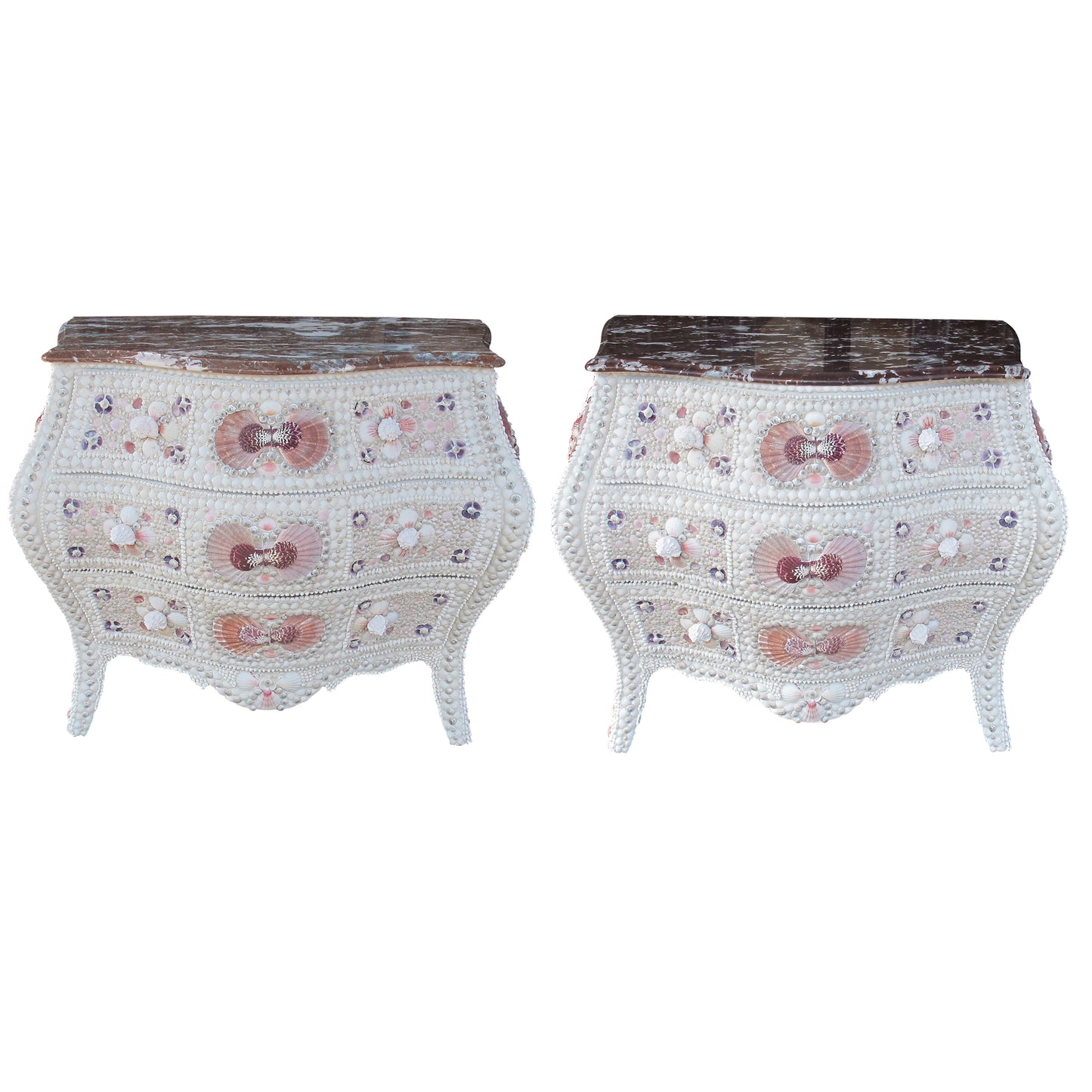 Pair of 1920s Swedish Bombe Chests with Marble Tops and Seashell Embellishment