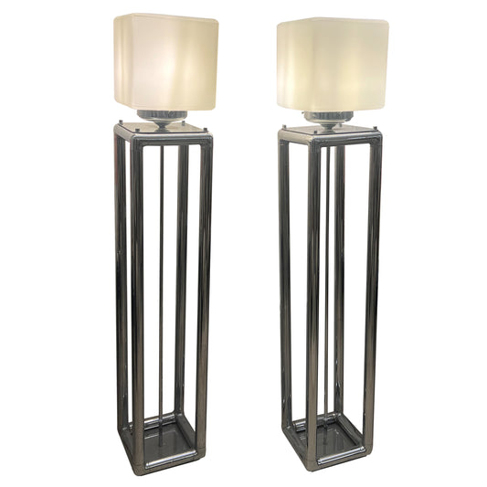Pair of Tall 1970s Modernist Chrome Floor Lamps, Frosted Glass Cube Shades, English