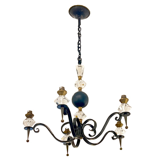 Mid-Century French Wrought Iron and Cristal de Sèvres Five-Branch Chandelier