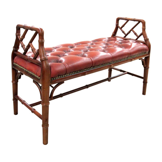 1950s English Red Leather Bench with Faux Bamboo Frame