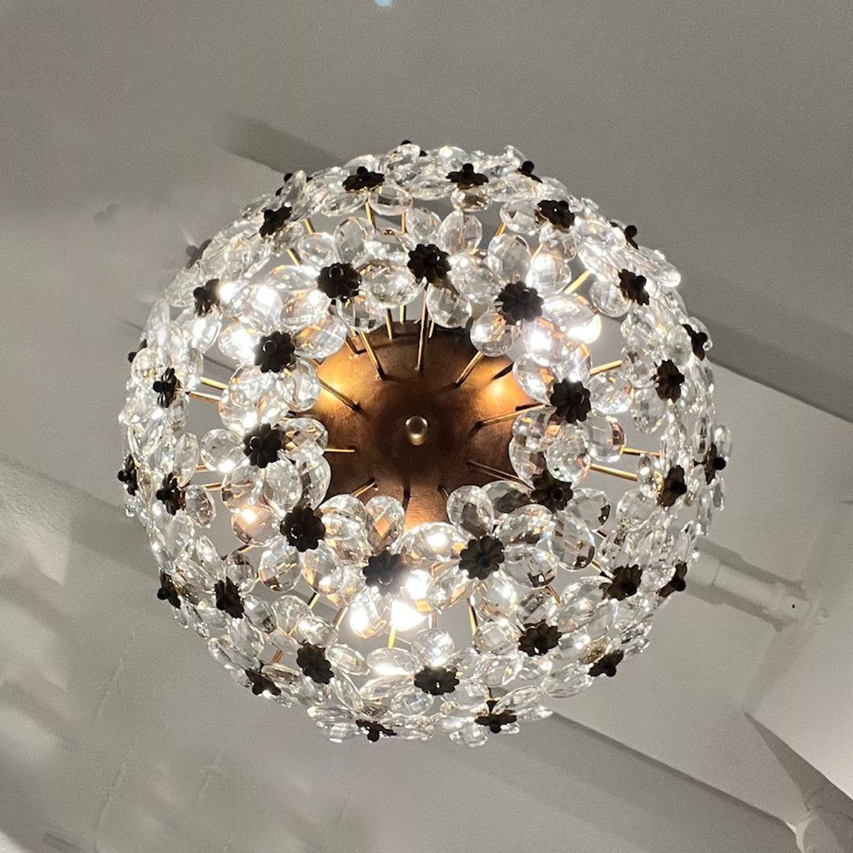 1970s Italian Banci Firenze Round Floral Crystal Ceiling Light