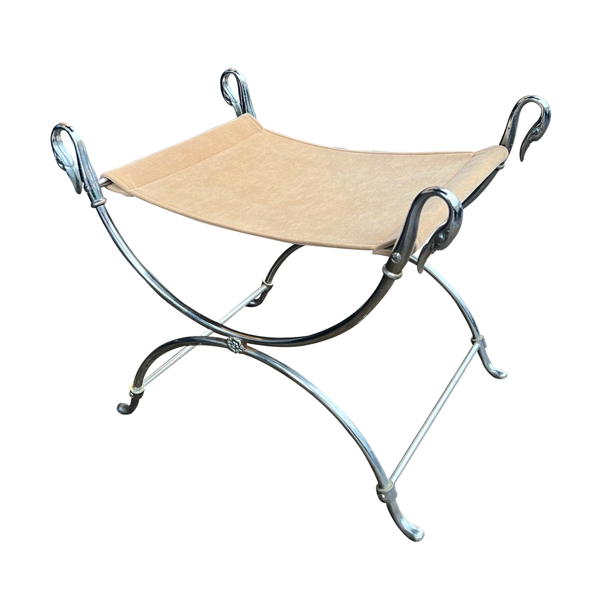 French Neoclassical Swan-Head Metal Stool, Mid-Century by Maison Jansen