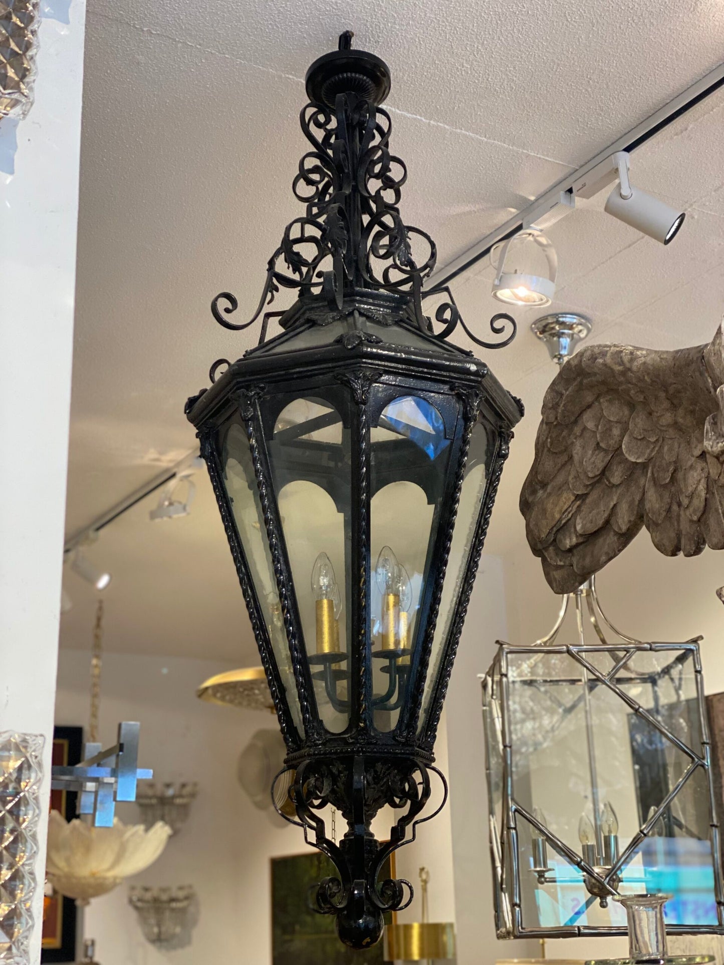 Mid-Century French, Octagonal Black Wrought Iron Lantern