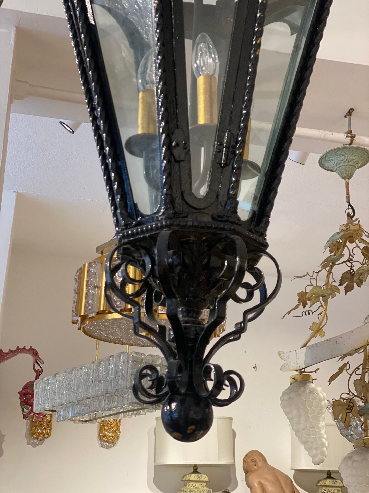 Mid-Century French, Octagonal Black Wrought Iron Lantern