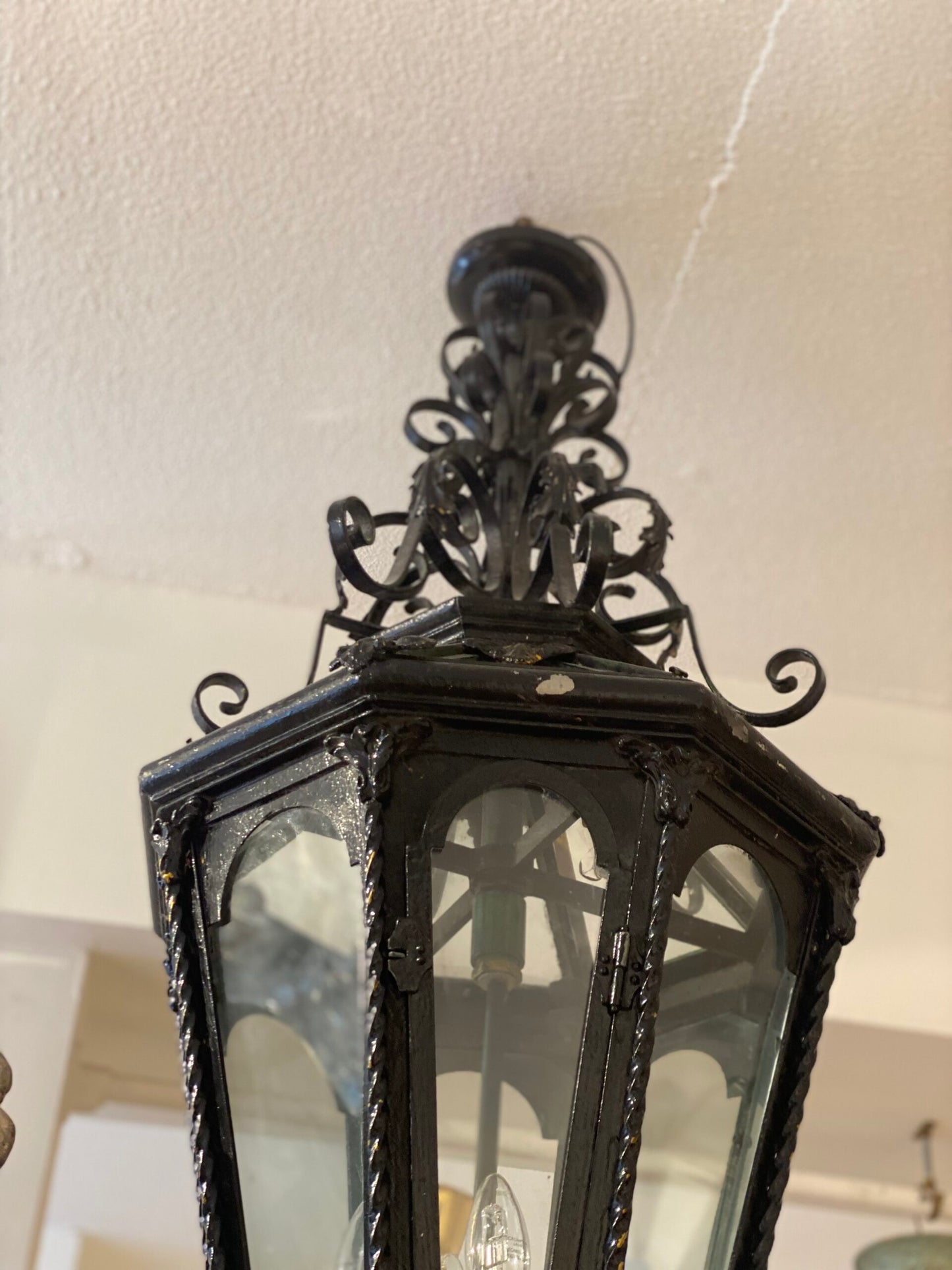 Mid-Century French, Octagonal Black Wrought Iron Lantern