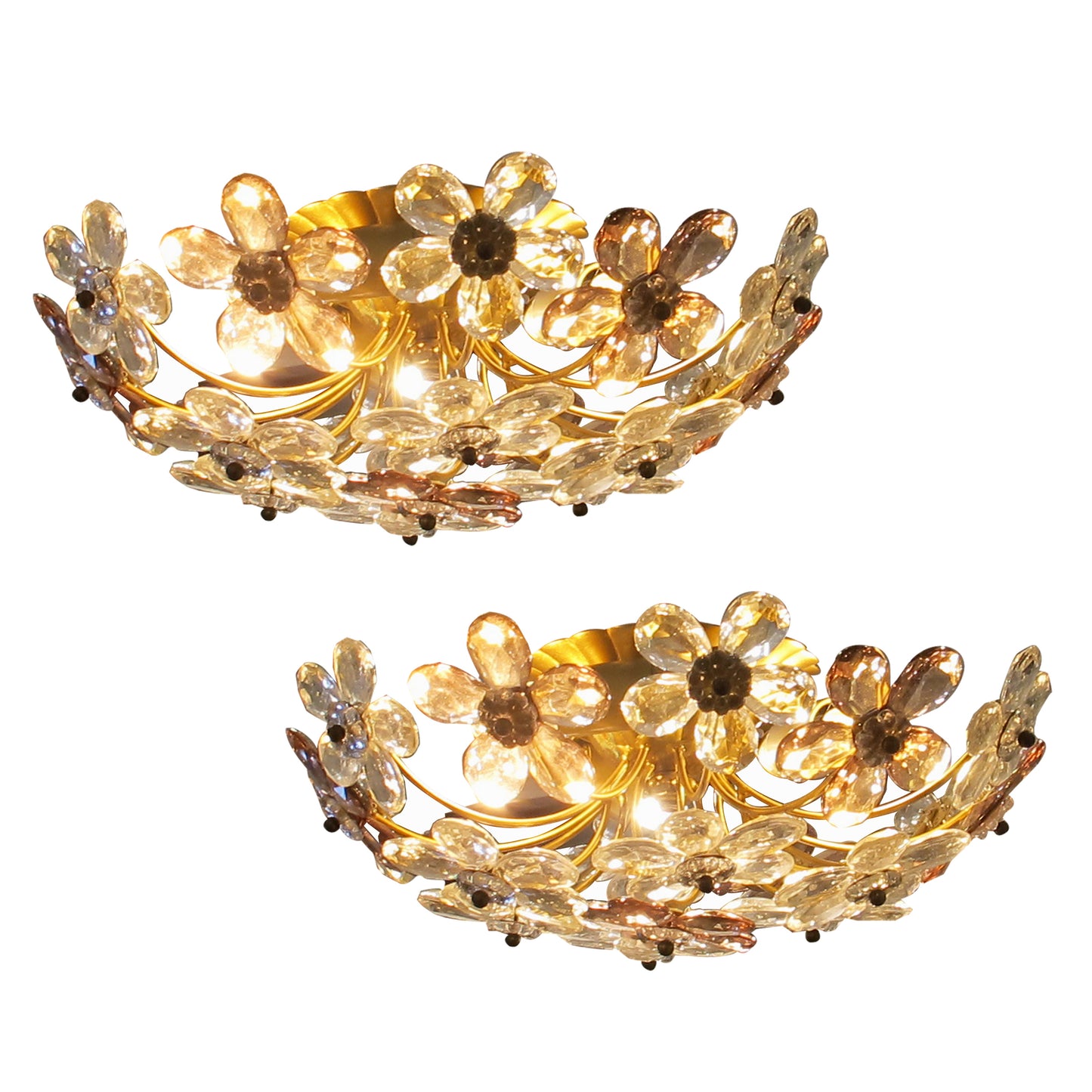 Pair of Maison Bagues Crystal Floral Ceiling Lights, French 1970