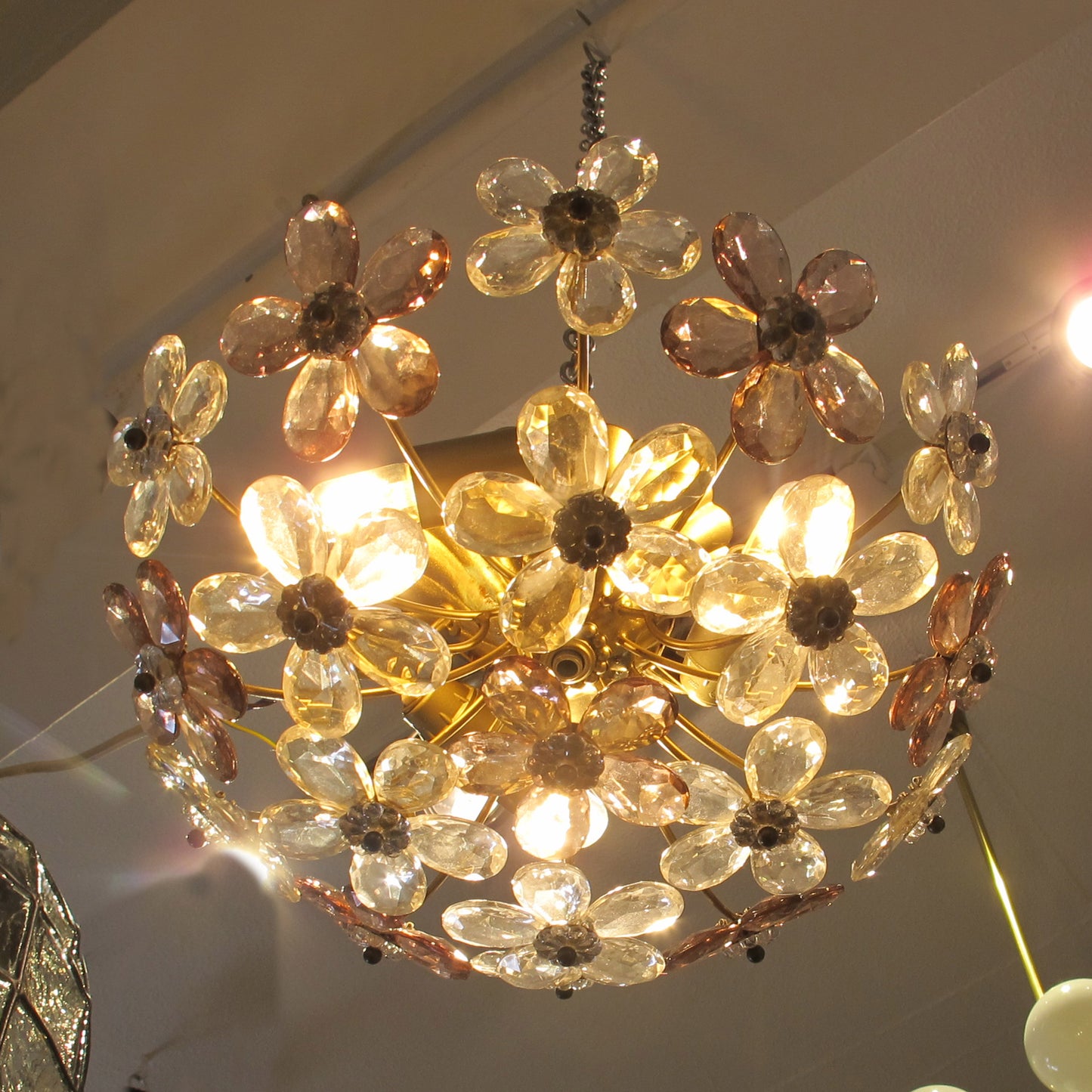 Pair of Maison Bagues Crystal Floral Ceiling Lights, French 1970