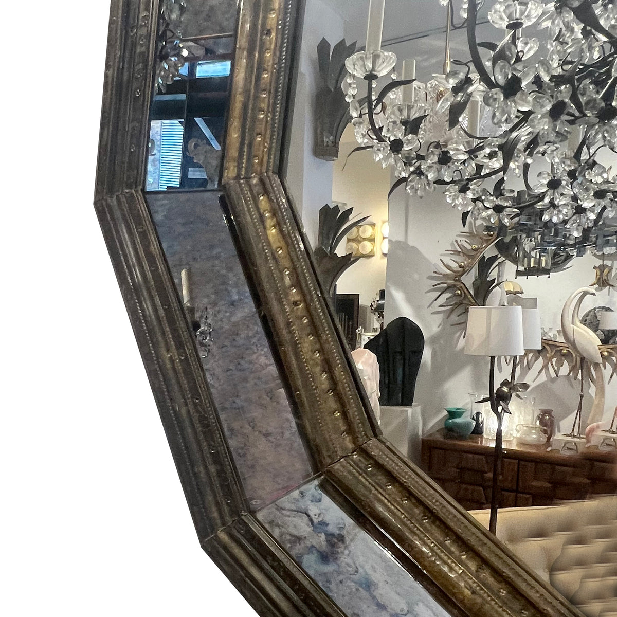 Large Octagonal Brass-Clad Mirror in the Style of Rodolfo Dubarry, 1960s–70s