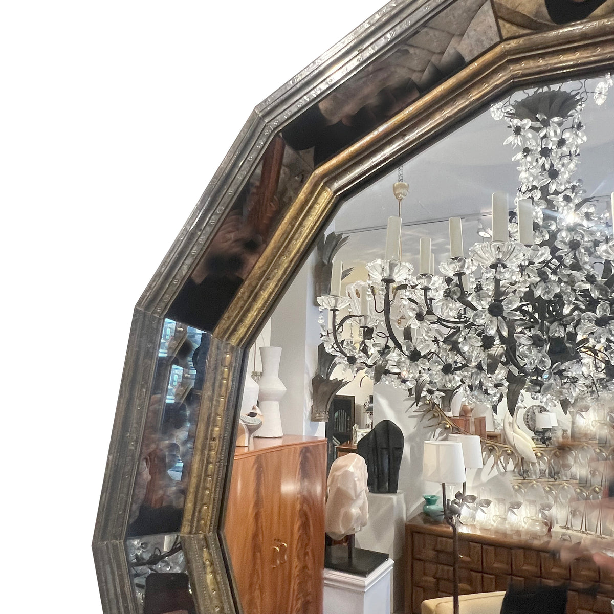 Large Octagonal Brass-Clad Mirror in the Style of Rodolfo Dubarry, 1960s–70s