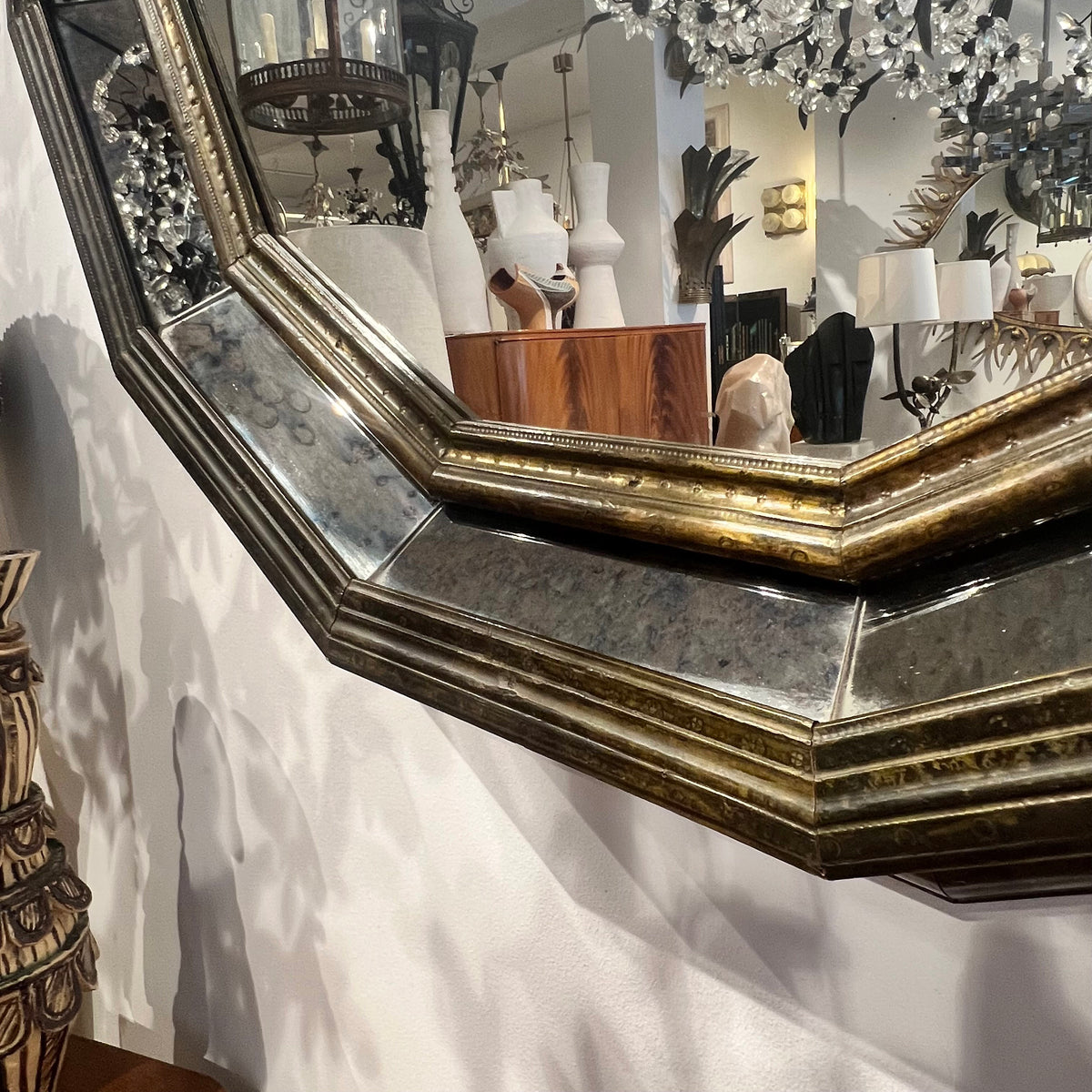 Large Octagonal Brass-Clad Mirror in the Style of Rodolfo Dubarry, 1960s–70s