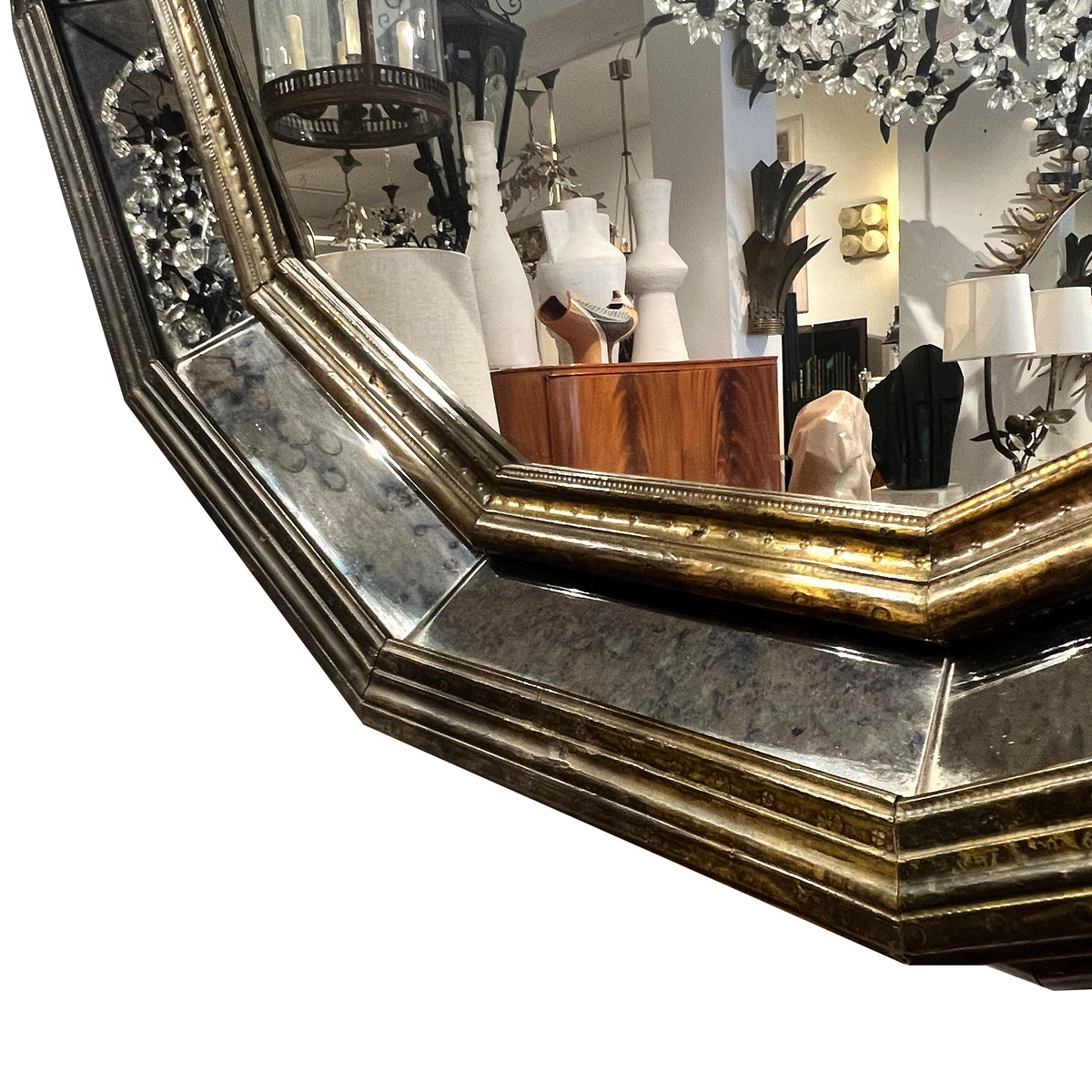 Large Octagonal Brass-Clad Mirror in the Style of Rodolfo Dubarry, 1960s–70s