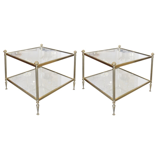 Pair of Brass and Glass Side Tables, French 1950s