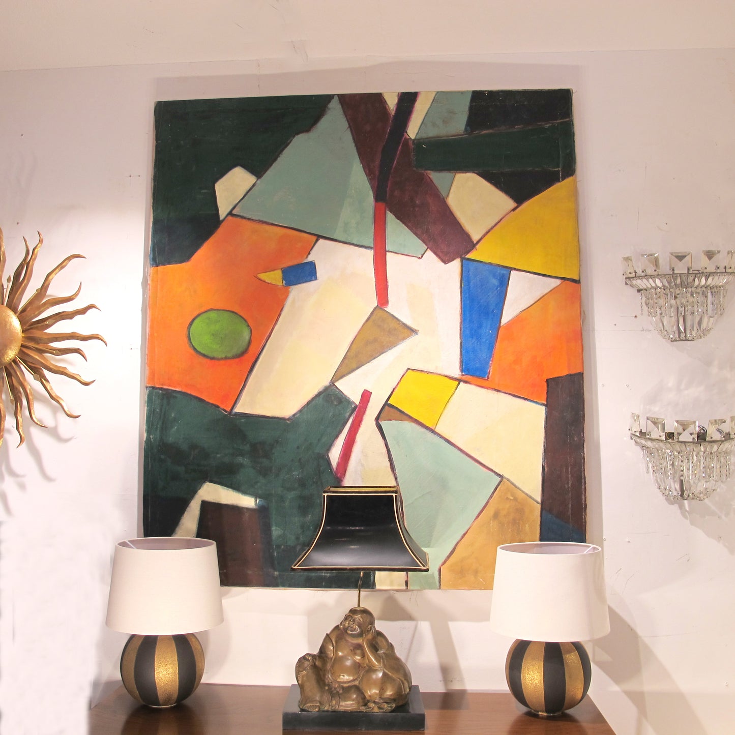 1970s Italian Large Abstract Geometric Oil on Canvas