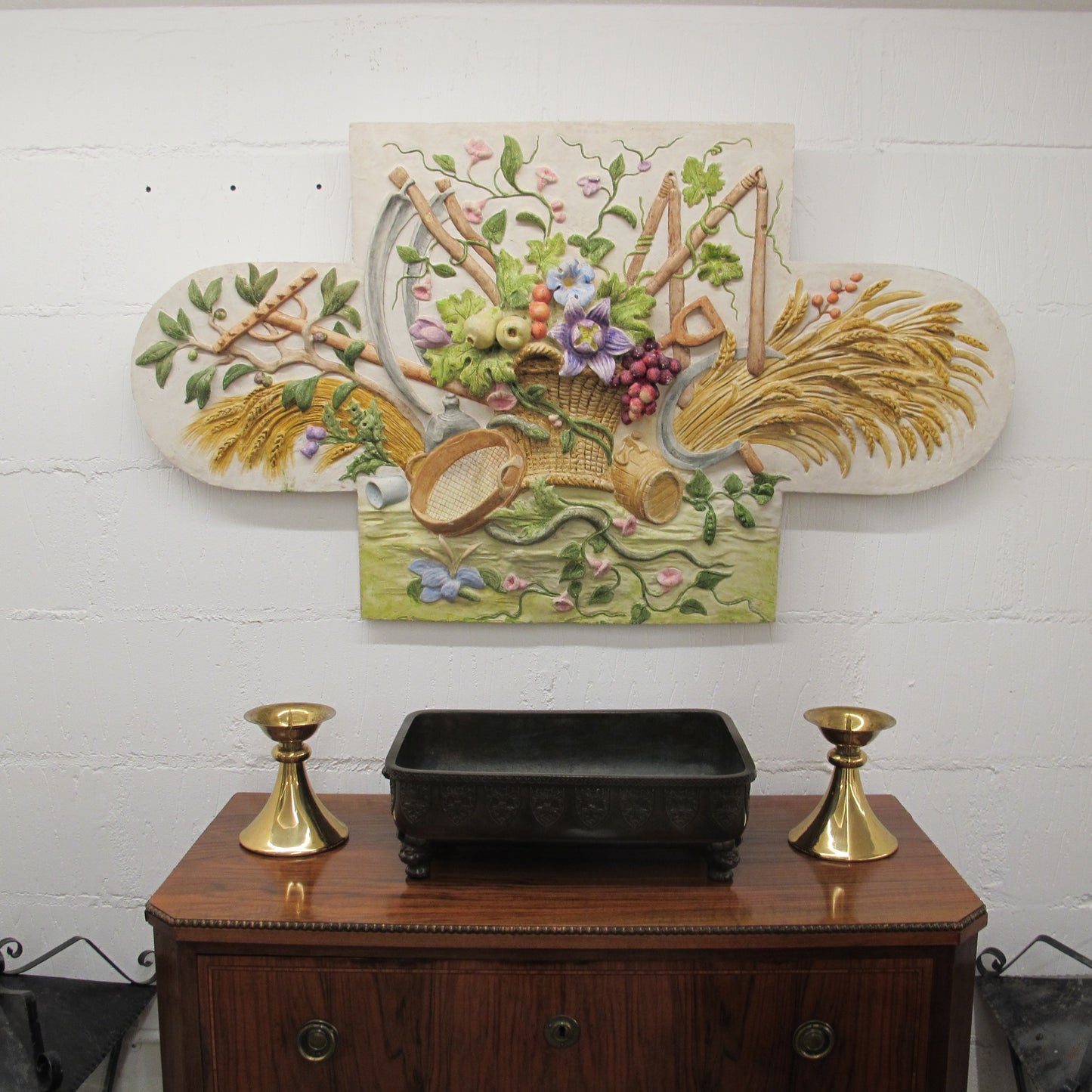 French Plaster  Pediment, Hand-Painted Harvest Design, 1960s