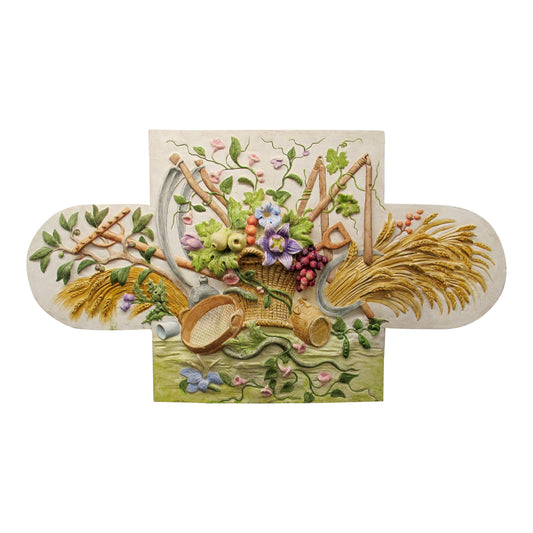 French Plaster  Pediment, Hand-Painted Harvest Design, 1960s