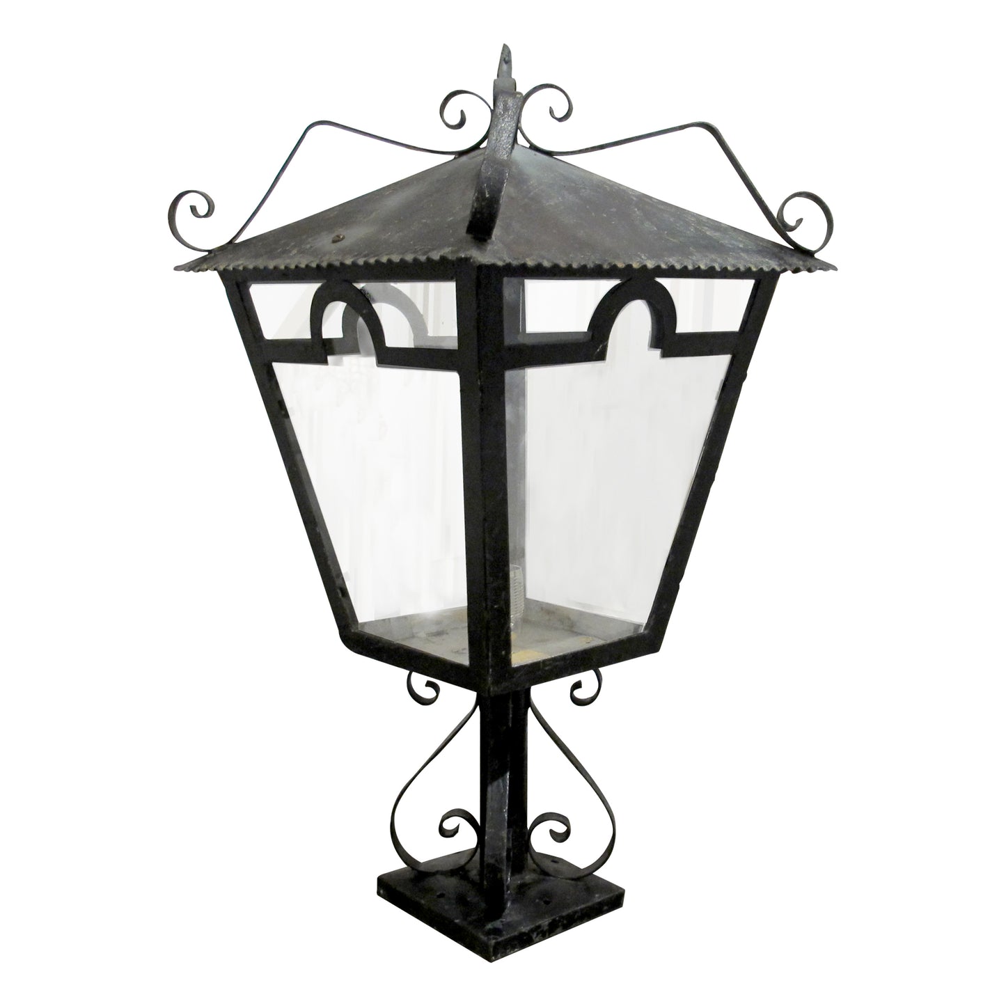 A Pair of French Wrought Iron Outdoor Pillar Lanterns, circa 1950