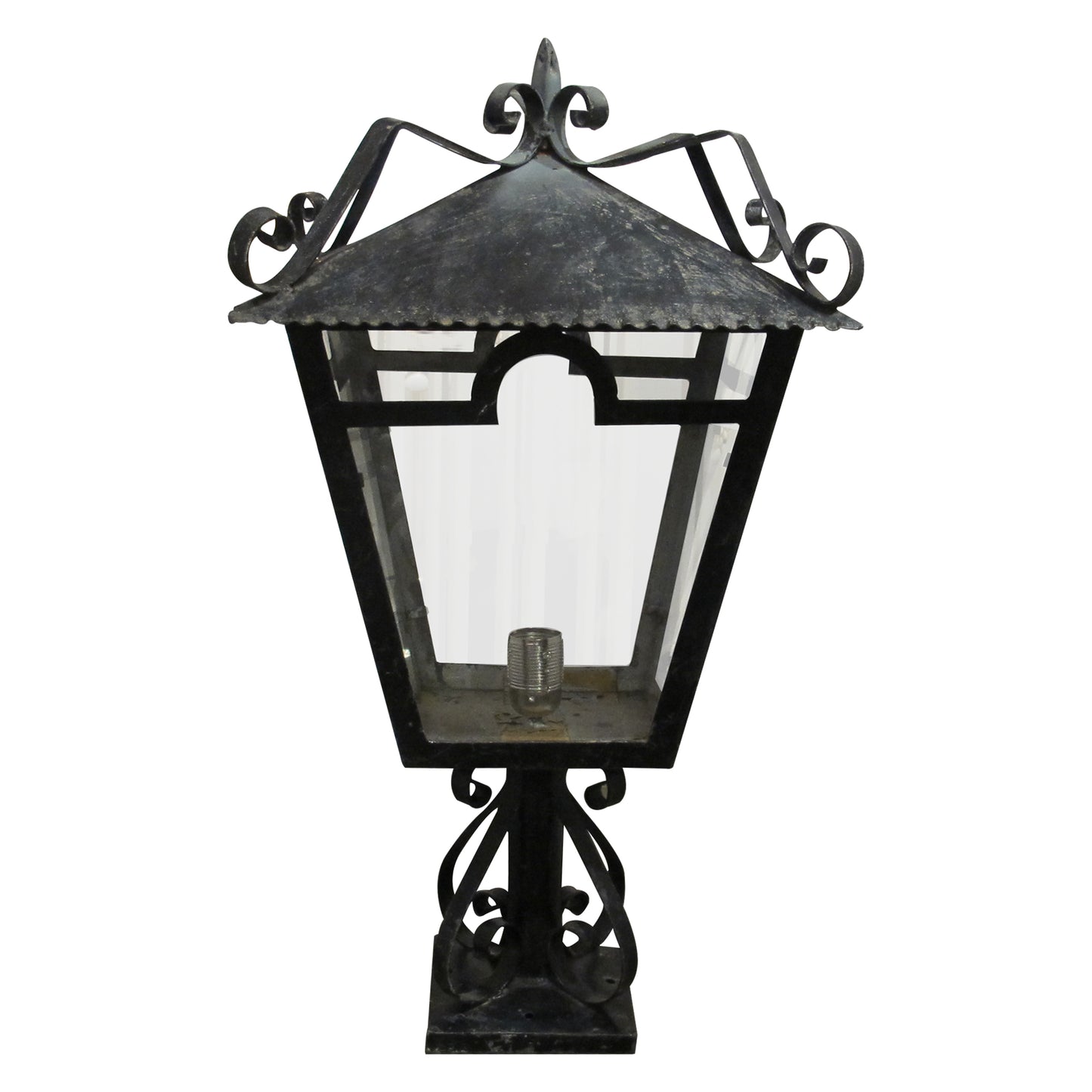 A Pair of French Wrought Iron Outdoor Pillar Lanterns, circa 1950