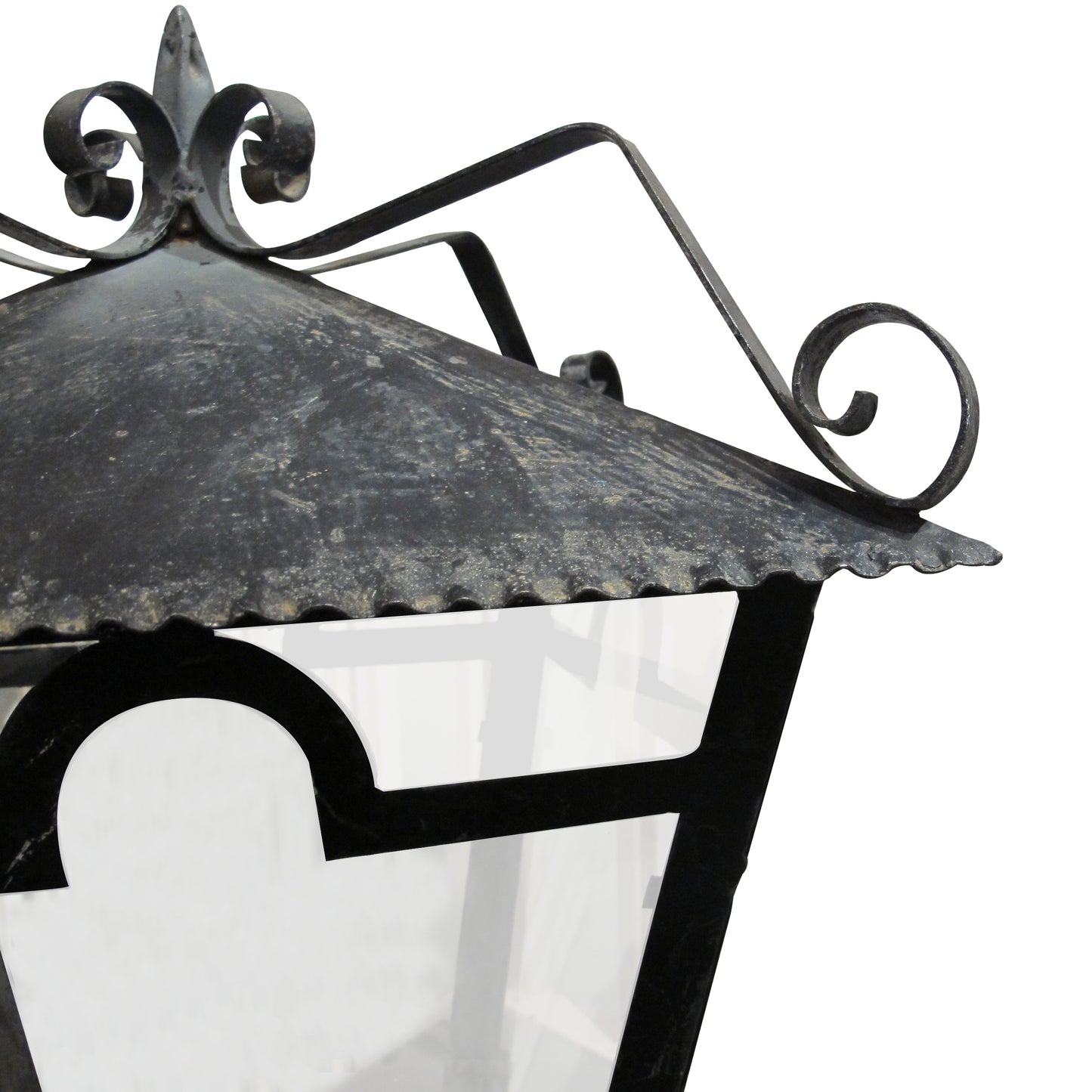 A Pair of French Wrought Iron Outdoor Pillar Lanterns, circa 1950
