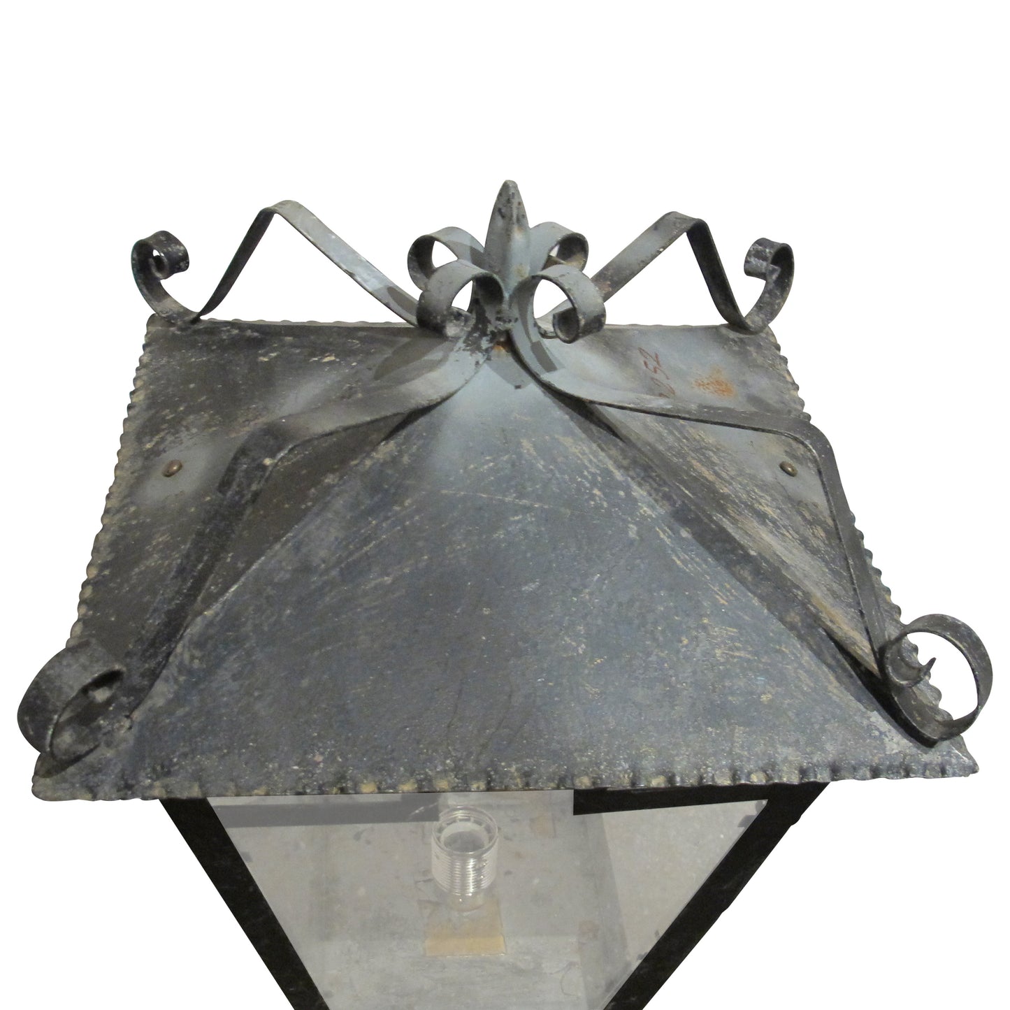 A Pair of French Wrought Iron Outdoor Pillar Lanterns, circa 1950