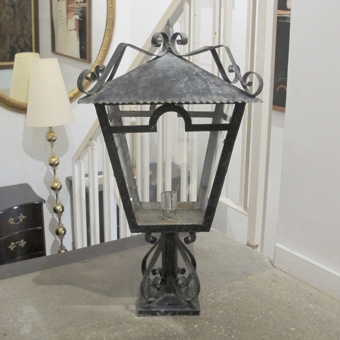 A Pair of French Wrought Iron Outdoor Pillar Lanterns, circa 1950