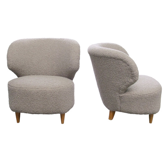 Pair of Finnish 1940s Armchairs Reupholstered in Plush Bouclé Fabric