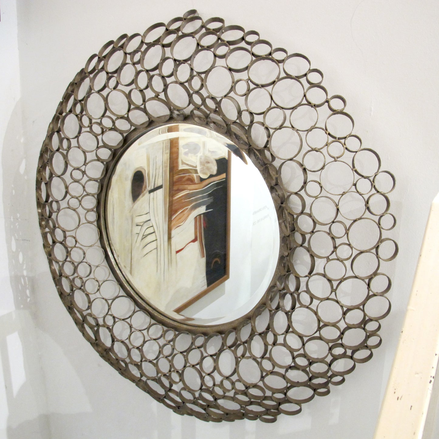 1980s Spanish Handcrafted Geometric Metal Circle Mirror