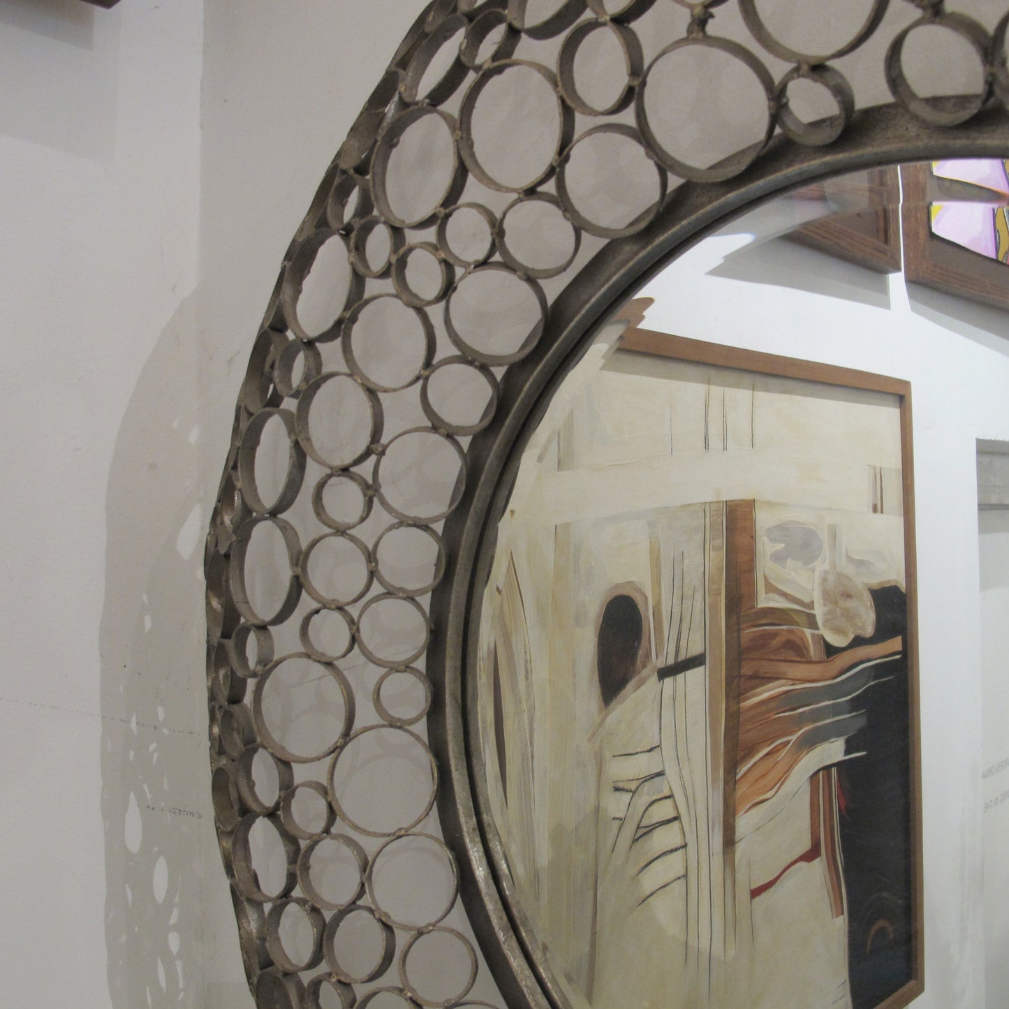 1980s Spanish Handcrafted Geometric Metal Circle Mirror