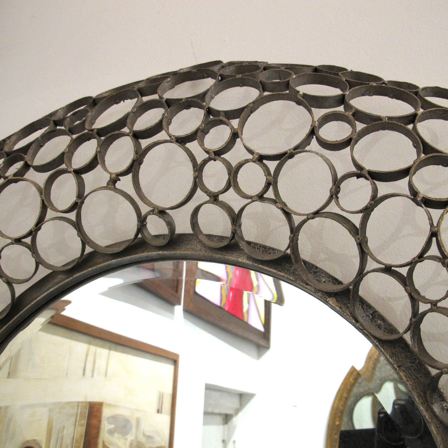 1980s Spanish Handcrafted Geometric Metal Circle Mirror