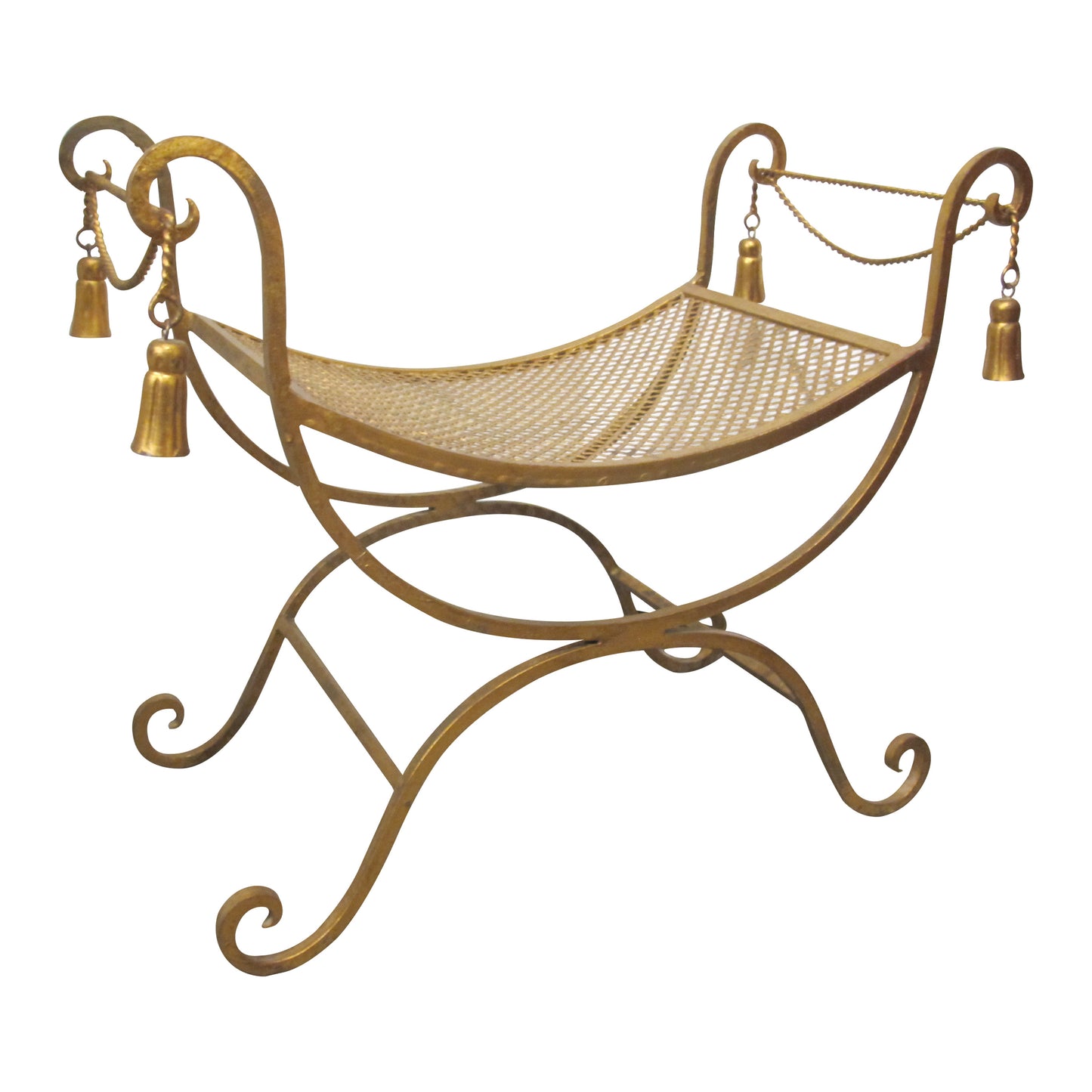 Mid-Century Italian Gilded X-Frame Curule Vanity Stool with Metal Mesh