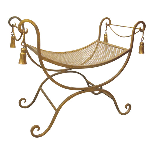 Mid-Century Italian Gilded X-Frame Curule Vanity Stool with Metal Mesh