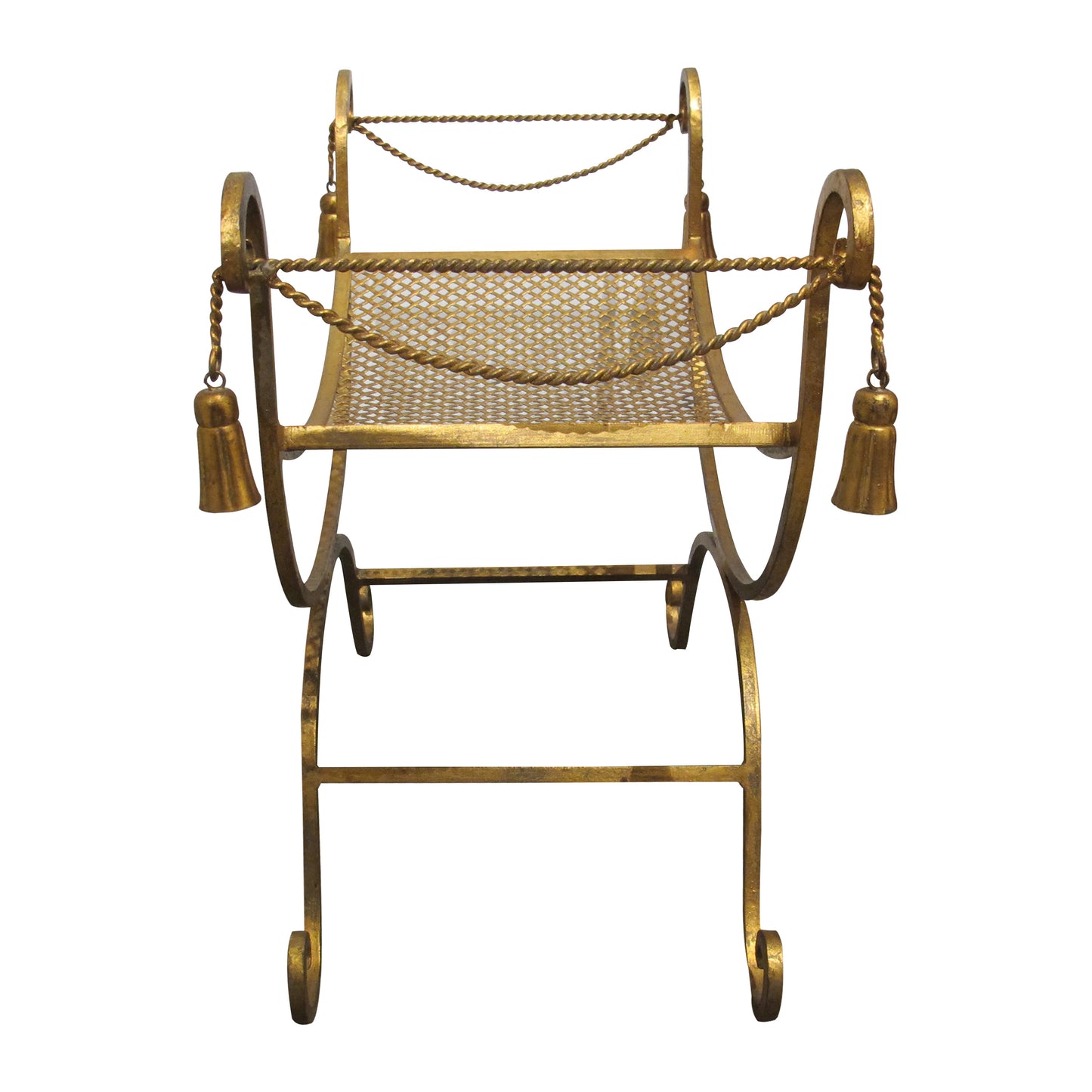 Mid-Century Italian Gilded X-Frame Curule Vanity Stool with Metal Mesh
