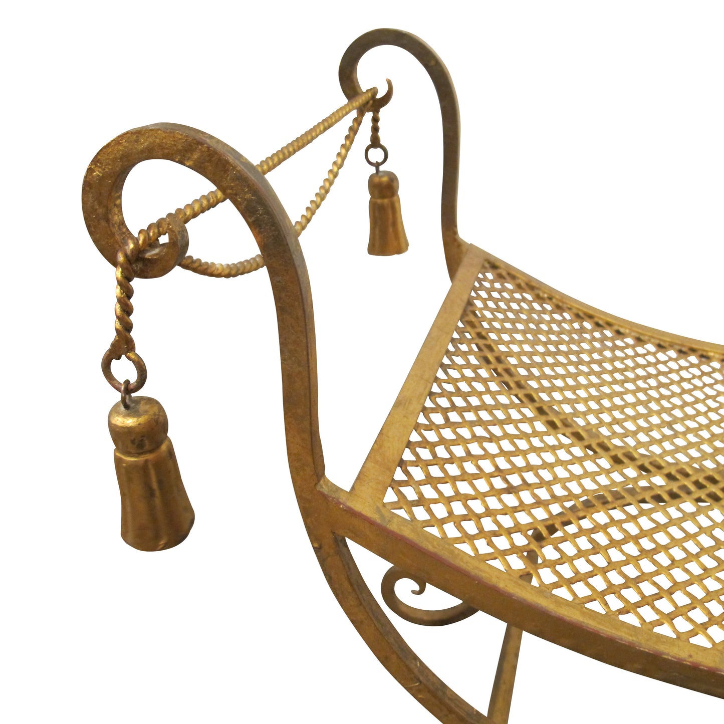 Mid-Century Italian Gilded X-Frame Curule Vanity Stool with Metal Mesh