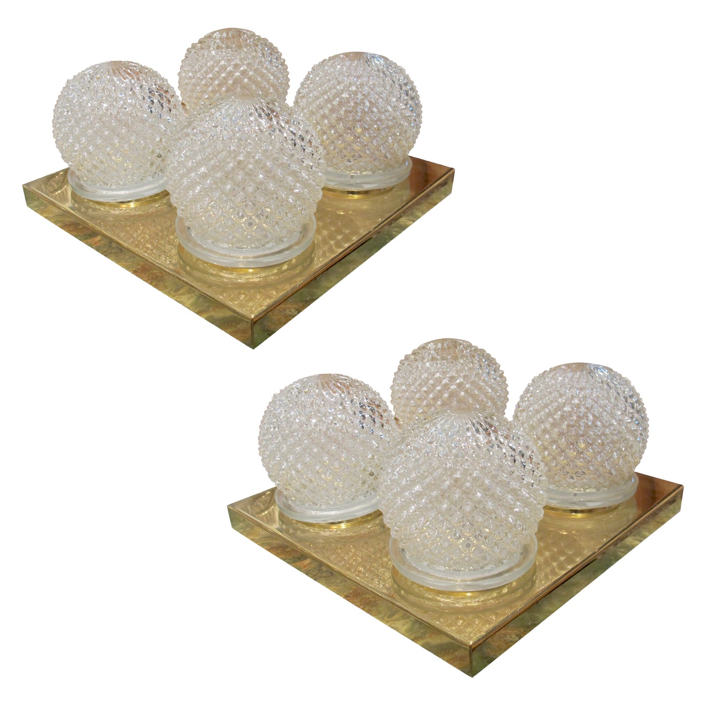 Pair of Large Vintage 1970s Brass & Glass Wall Lights with Four Globe Shades