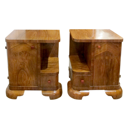 Pair of 1930s Belgian Art Deco Walnut Veneered Bedside Tables