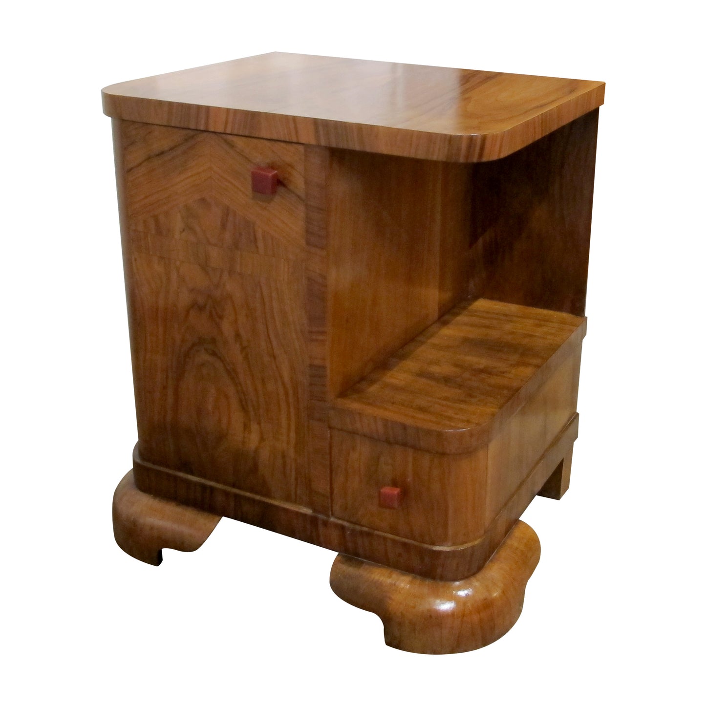 Pair of 1930s Belgian Art Deco Walnut Veneered Bedside Tables