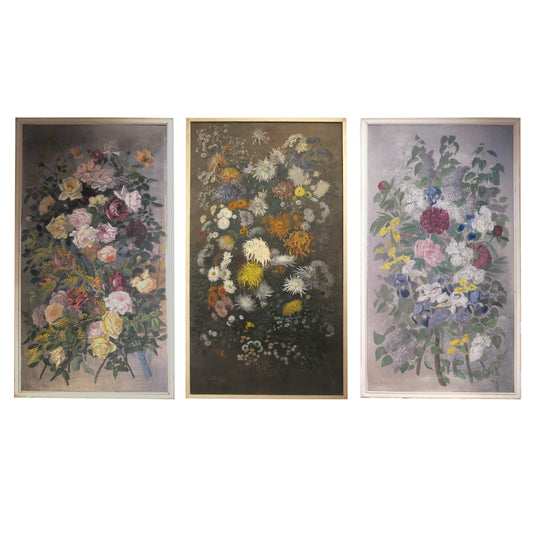 1904 French Tryptic Of Large Floral Oil On Canvas By French Artist Jean Barrel