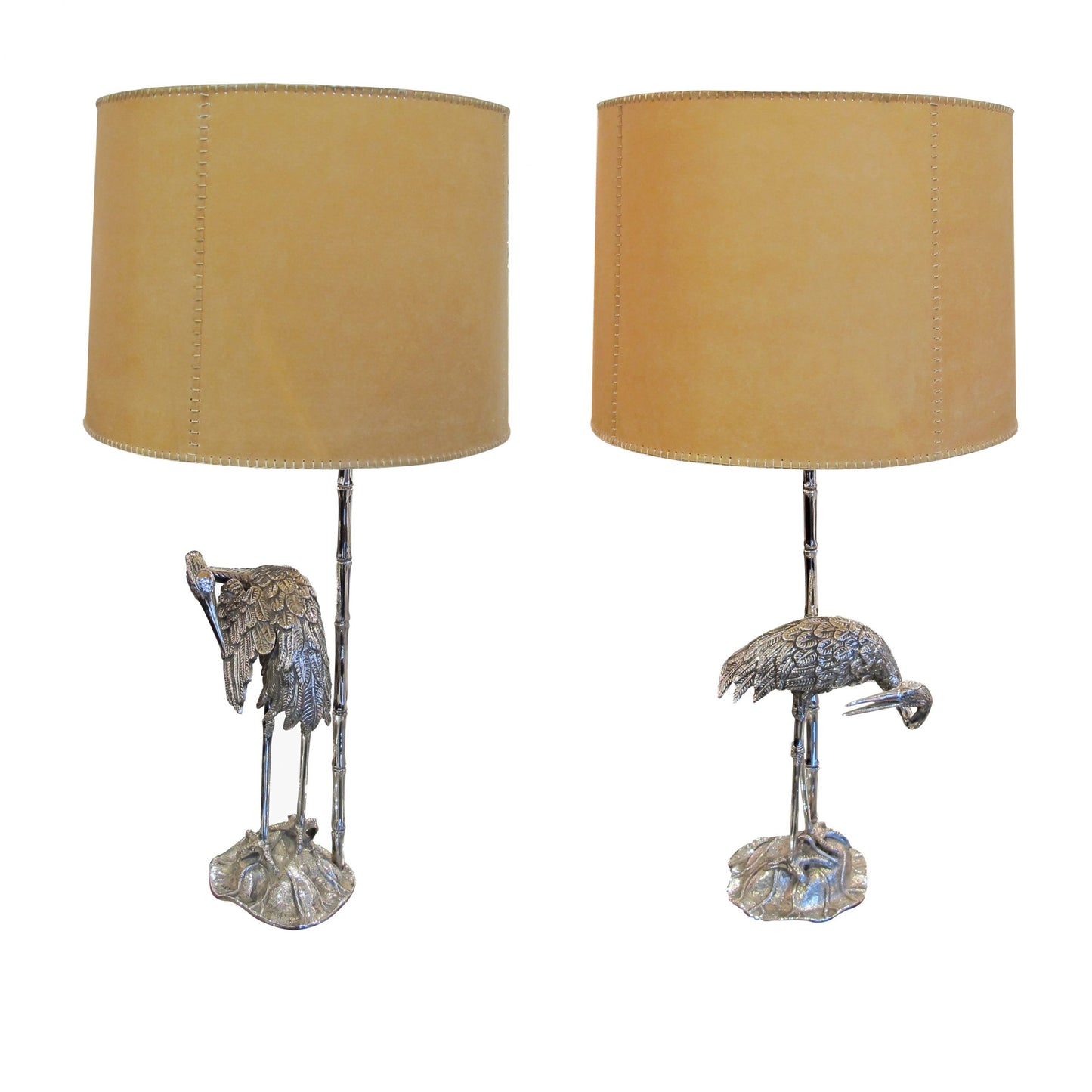 1960s Spanish Silver Plated Pair Of Bronze Heron Table Lamps By Valenti